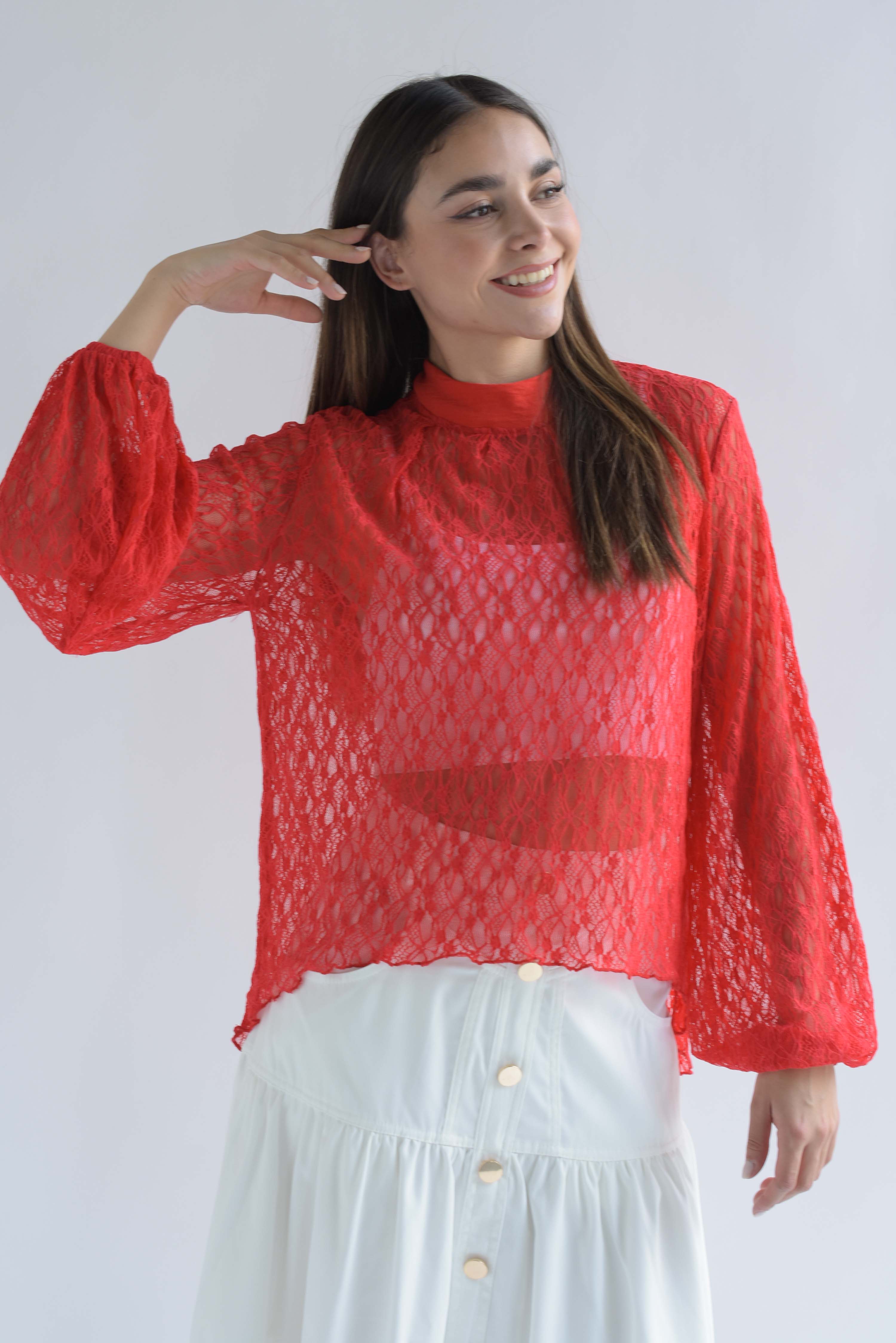 Blusa encaje asimétrica manga larga Rojo