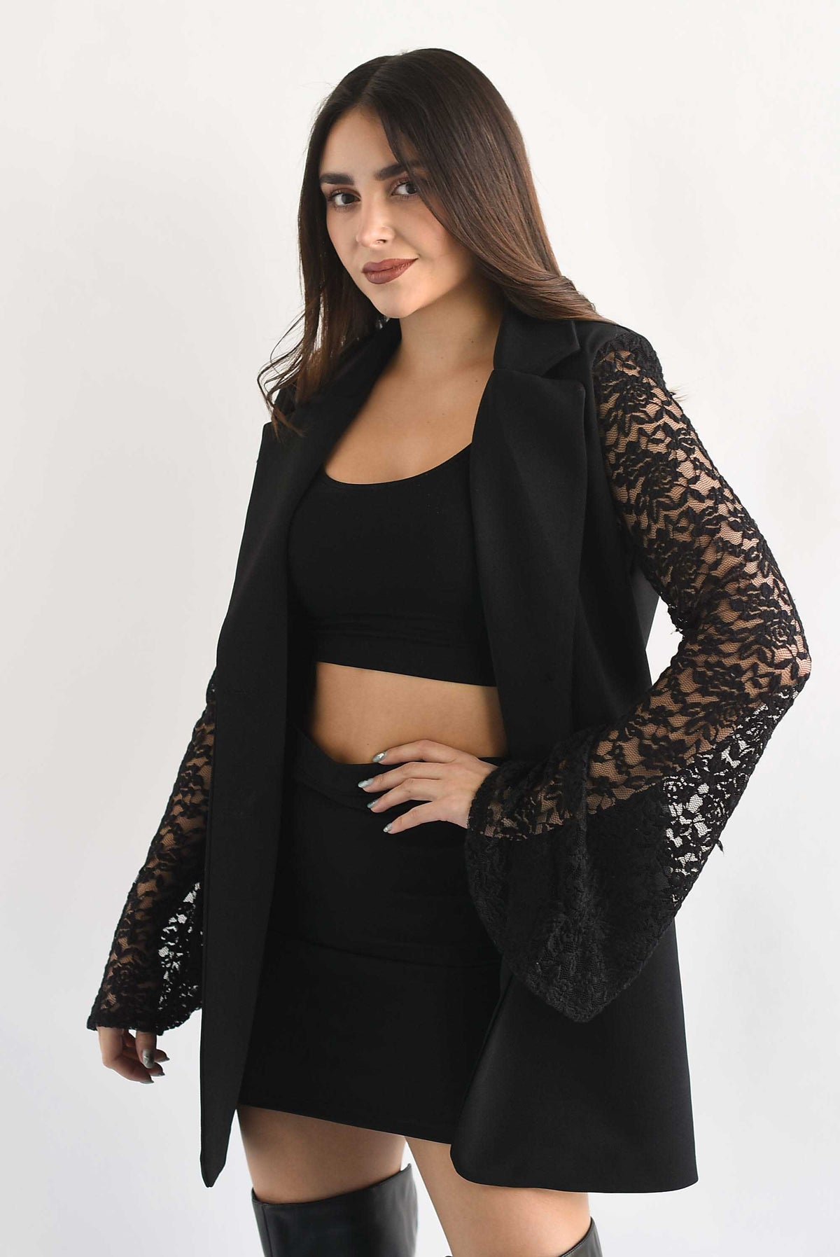 Blazer largo manga encaje Negro