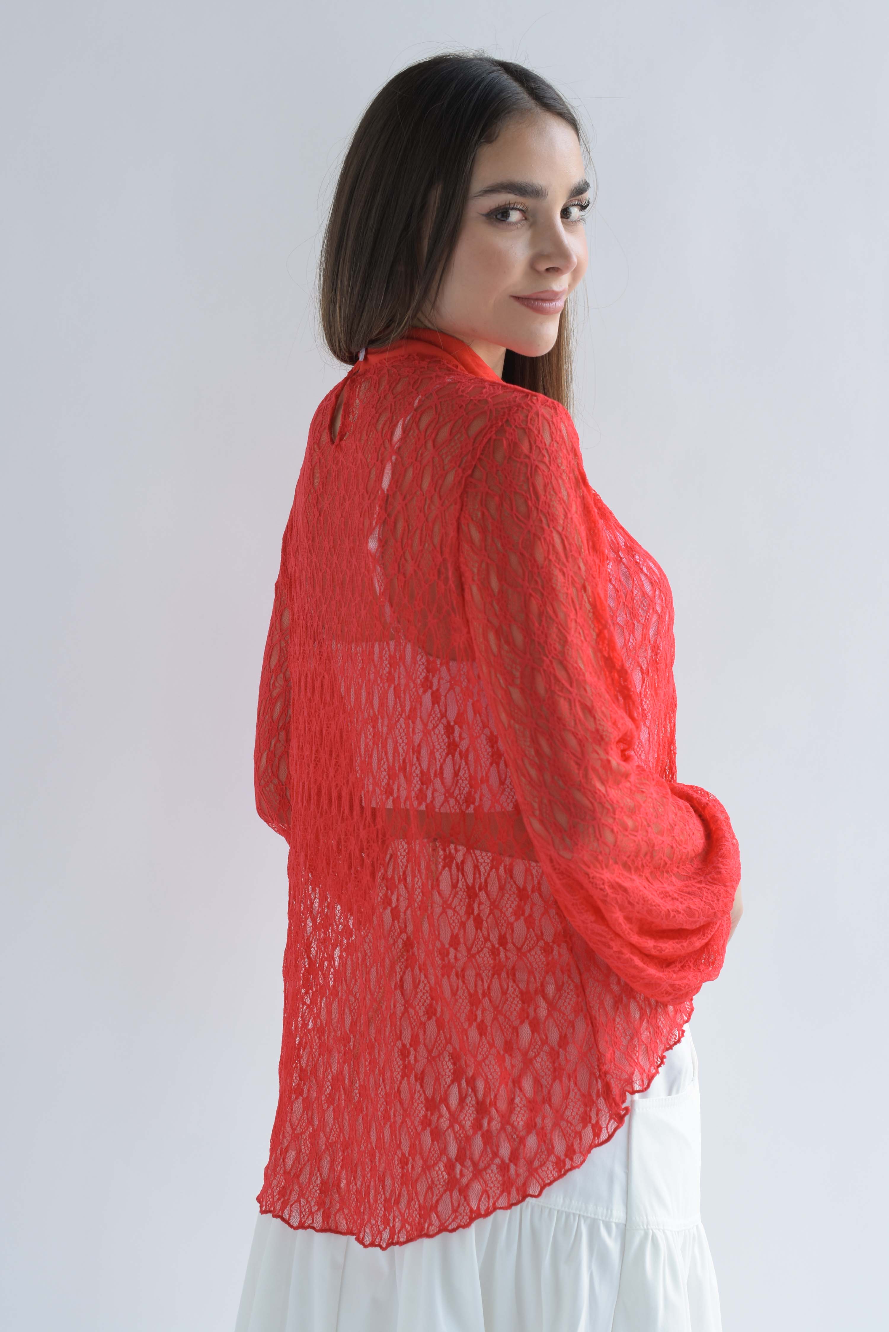 Blusa encaje asimétrica manga larga Rojo