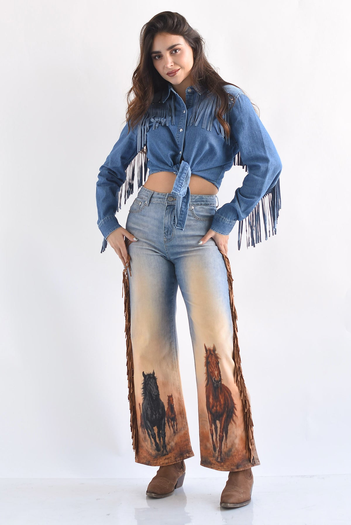 Jeans caballos flecos suede