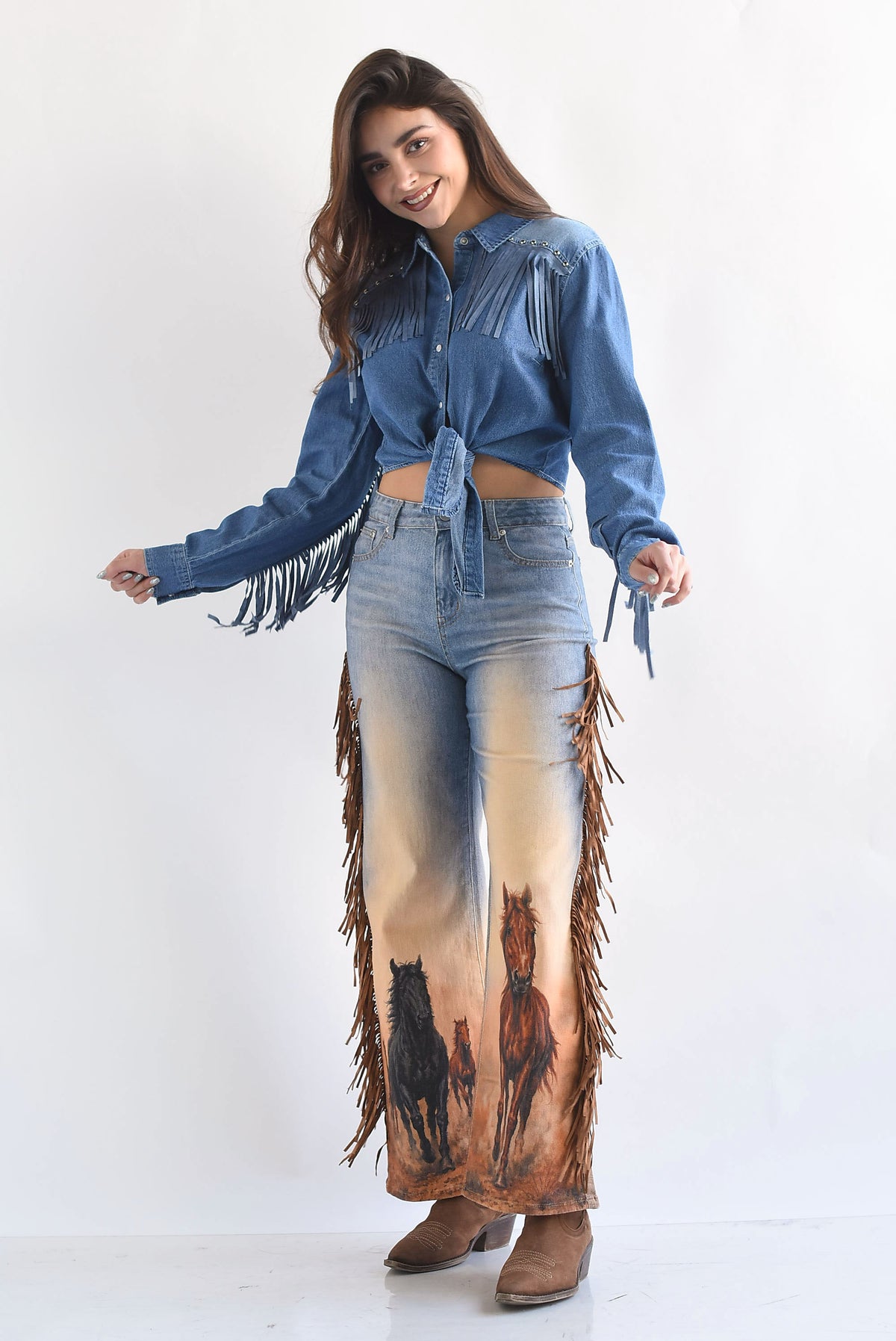 Jeans caballos flecos suede