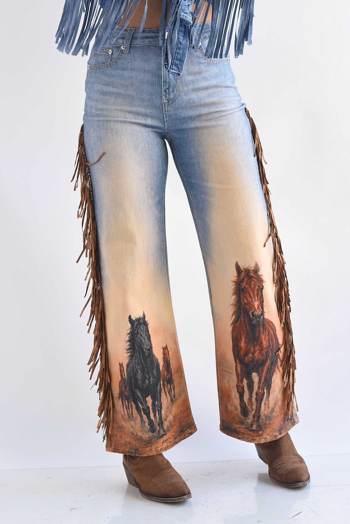 Jeans caballos flecos suede