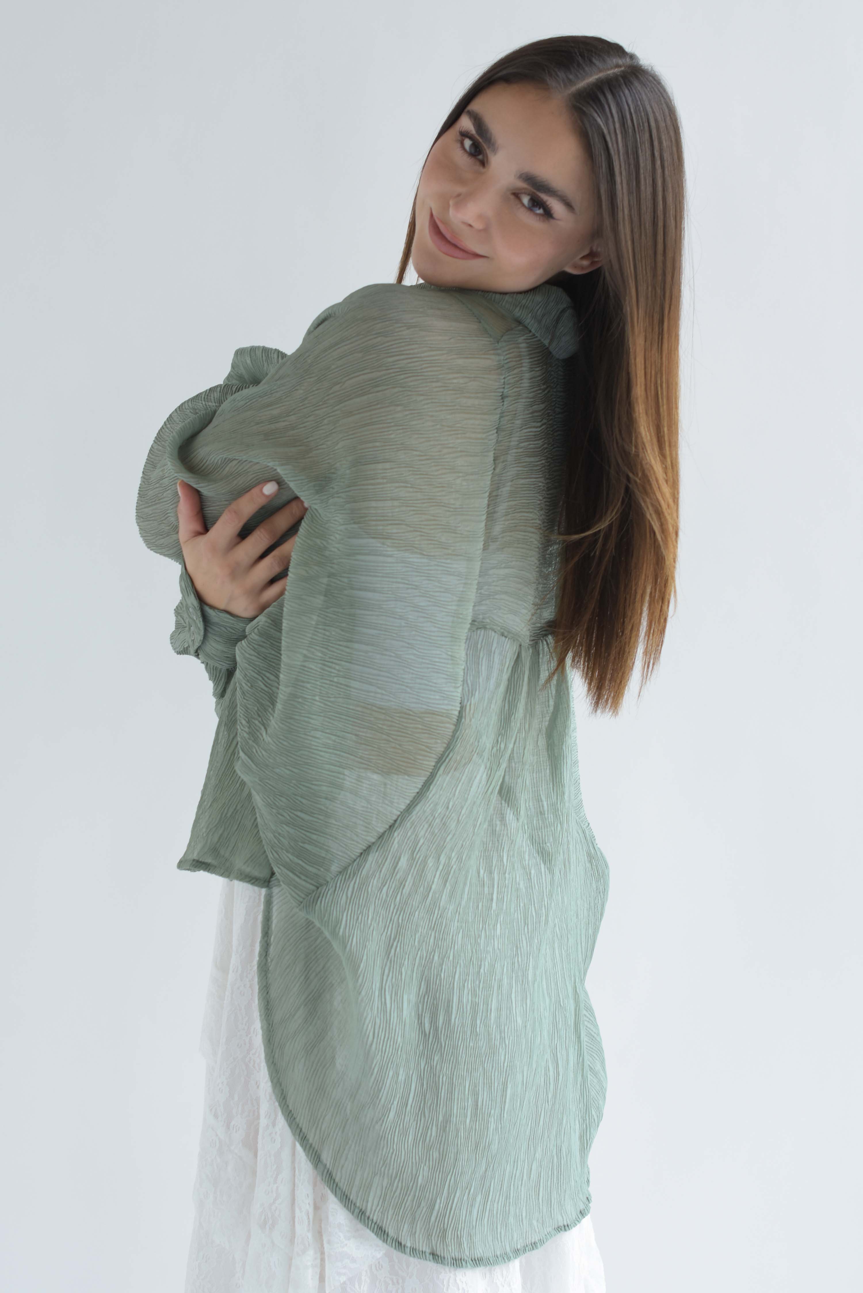 Blusa corrugada manga vampiro Verde Sage