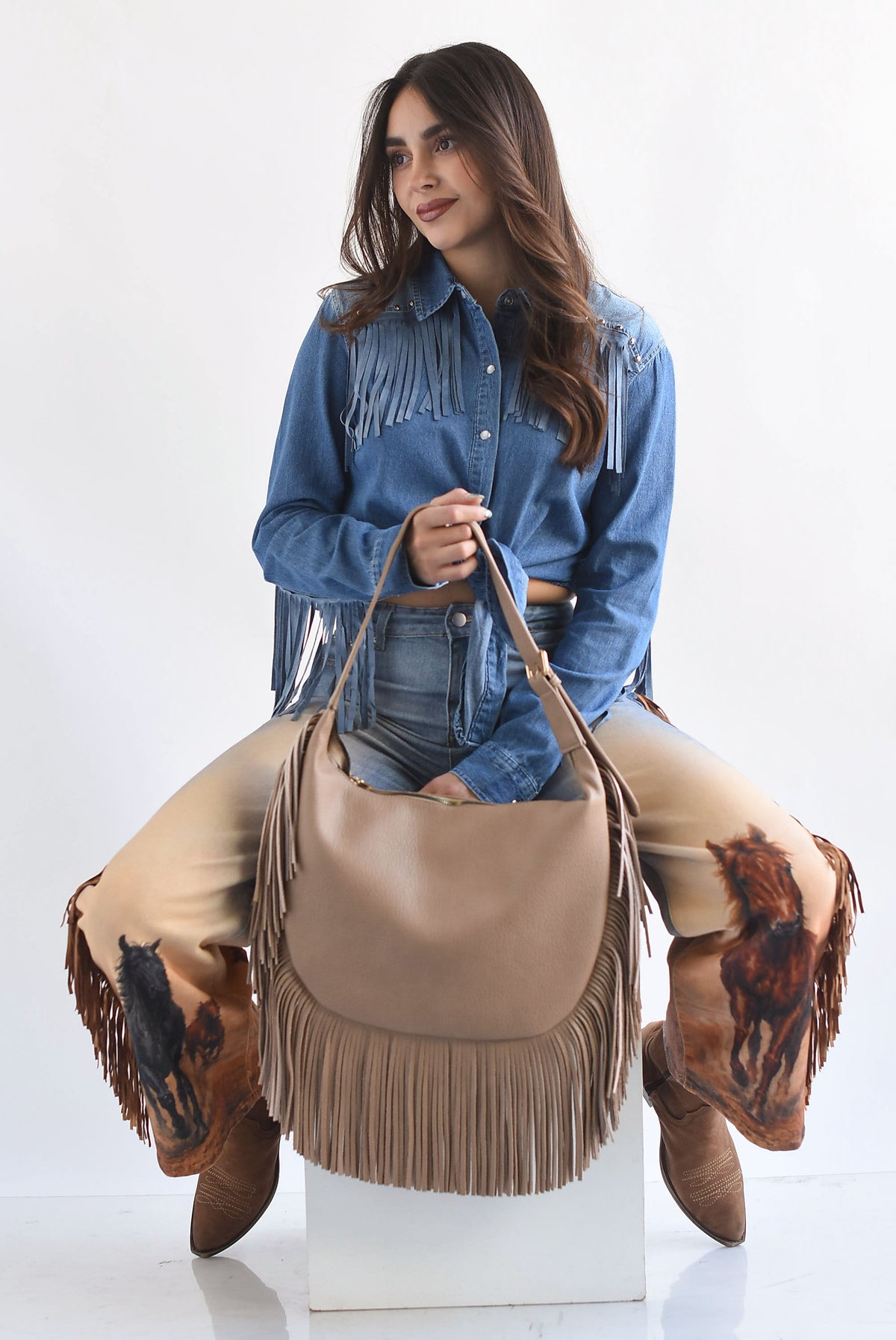 Bolso boho hobo flecos Moka