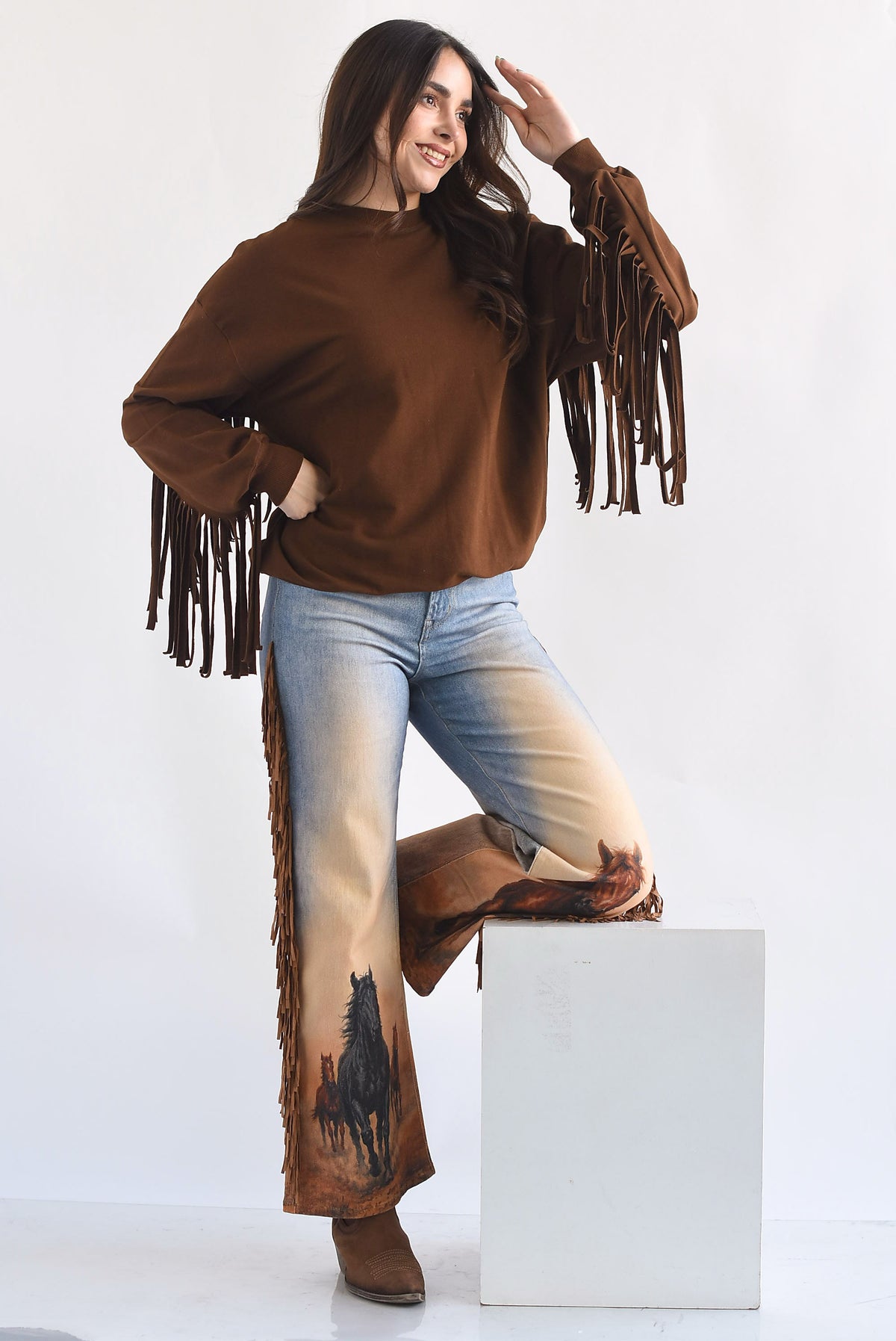 Sudadera flecos cowboy Café