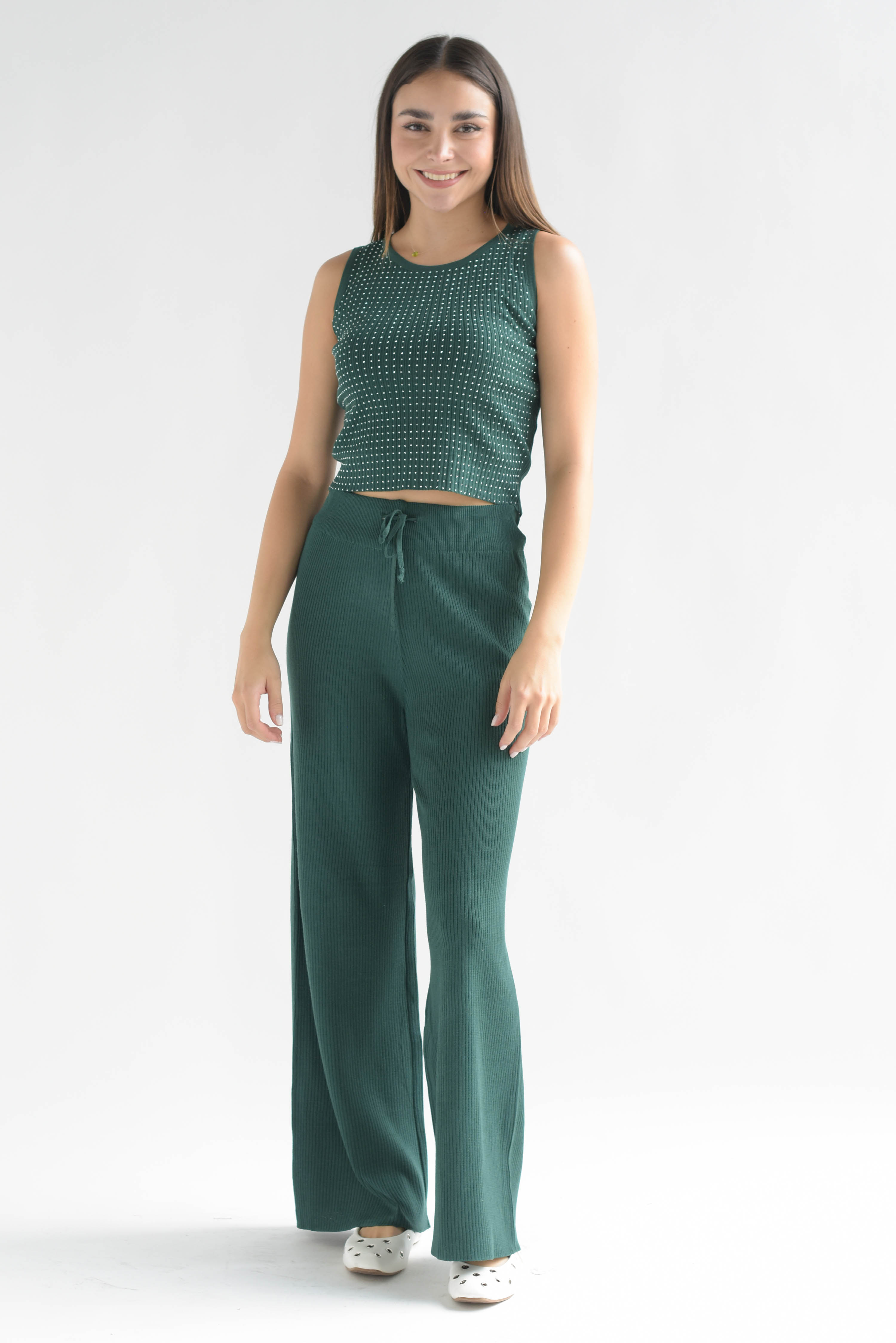 Set Pantalón y Blusa punto brillos Verde Esmeralda