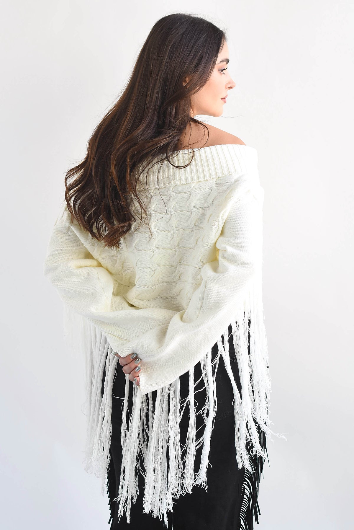 Sweater off-shoulders flecos Ivory