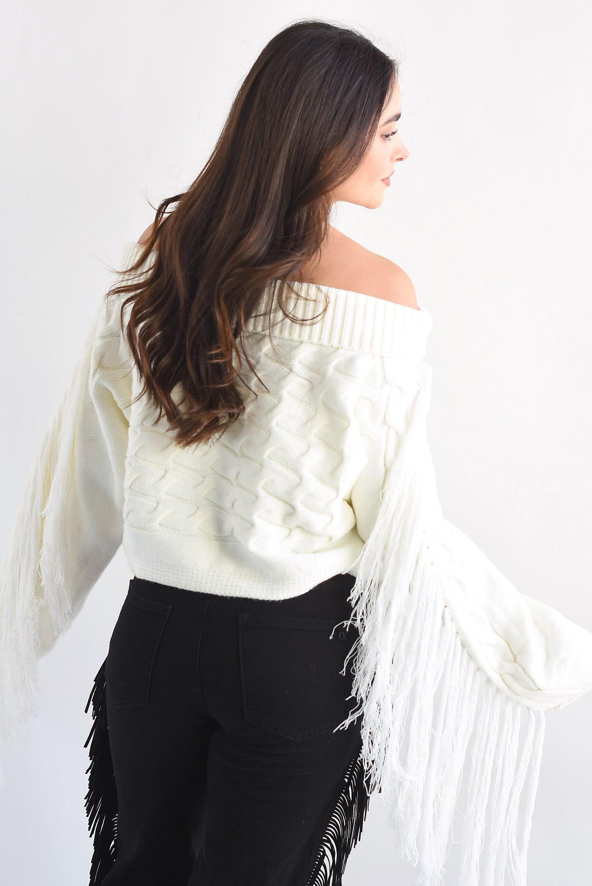 Sweater off-shoulders flecos Ivory