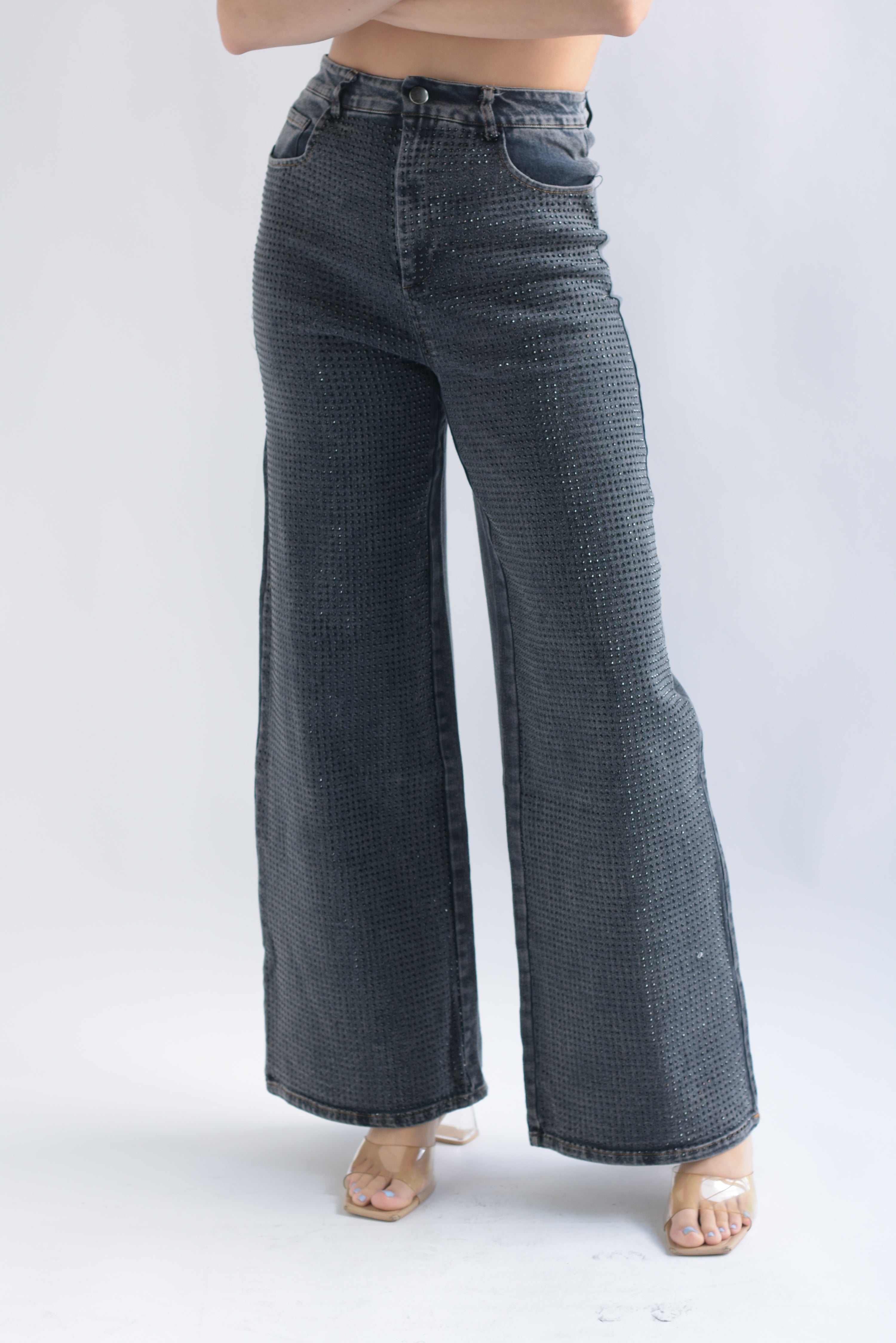 Jeans wide leg brillos deslavado Negro