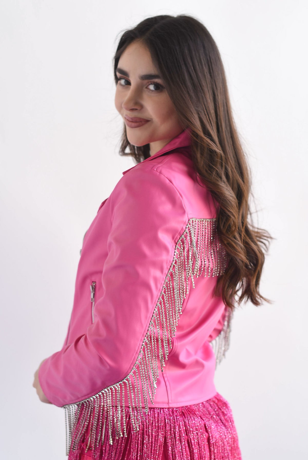 Chamarra biker vinipiel flecos brillos Fiusha