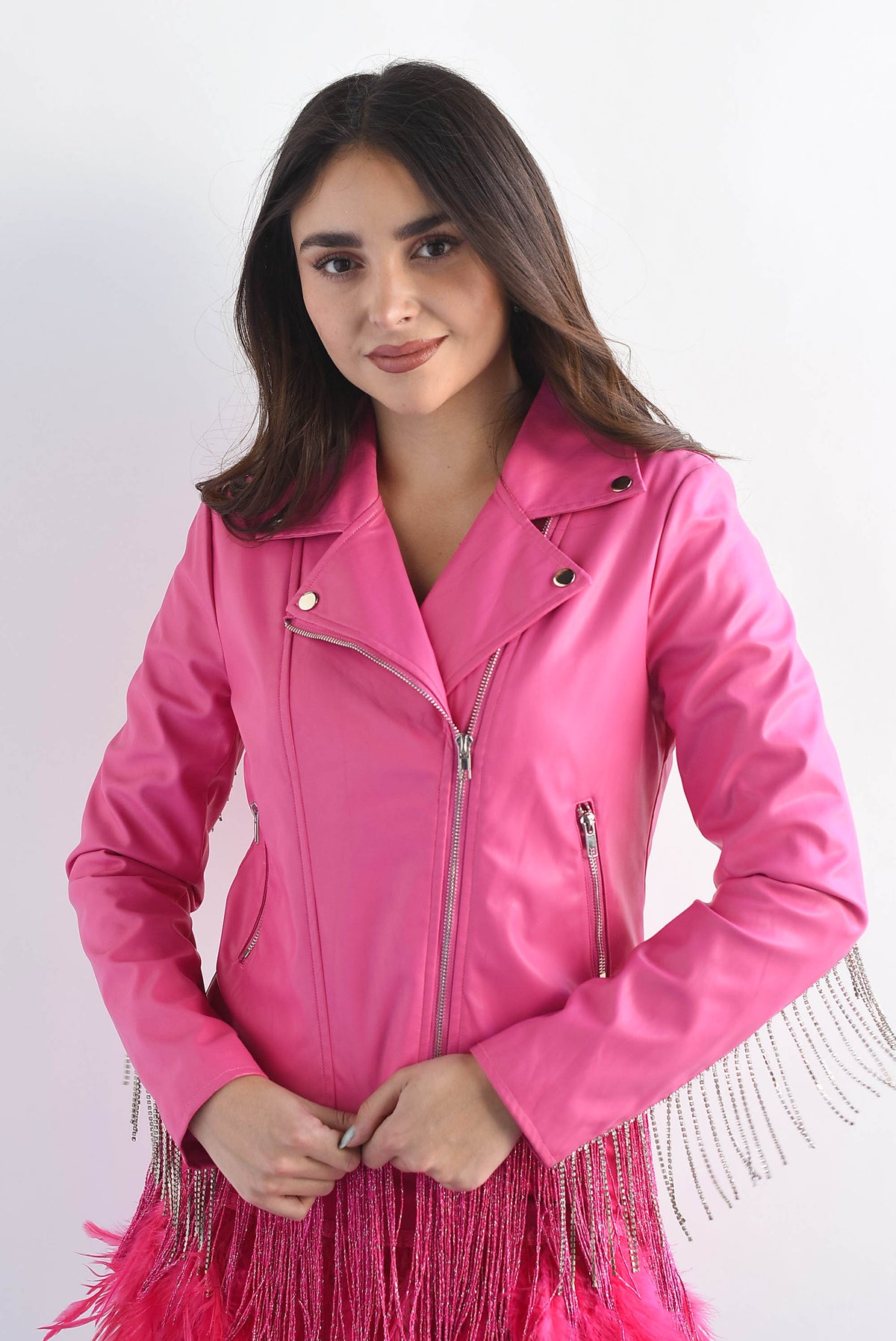 Chamarra biker vinipiel flecos brillos Fiusha
