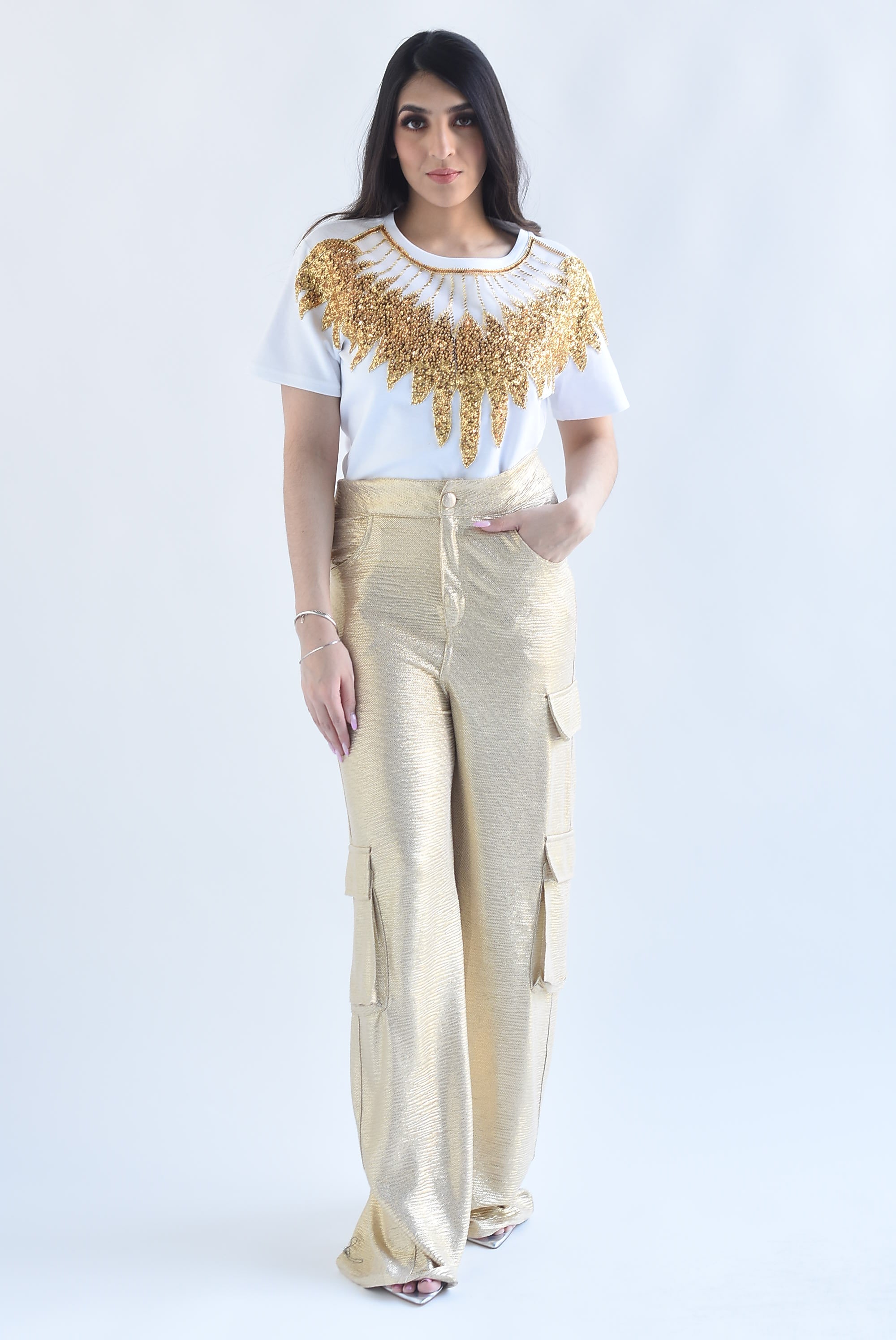 Pantalón wide cargo metálico Dorado