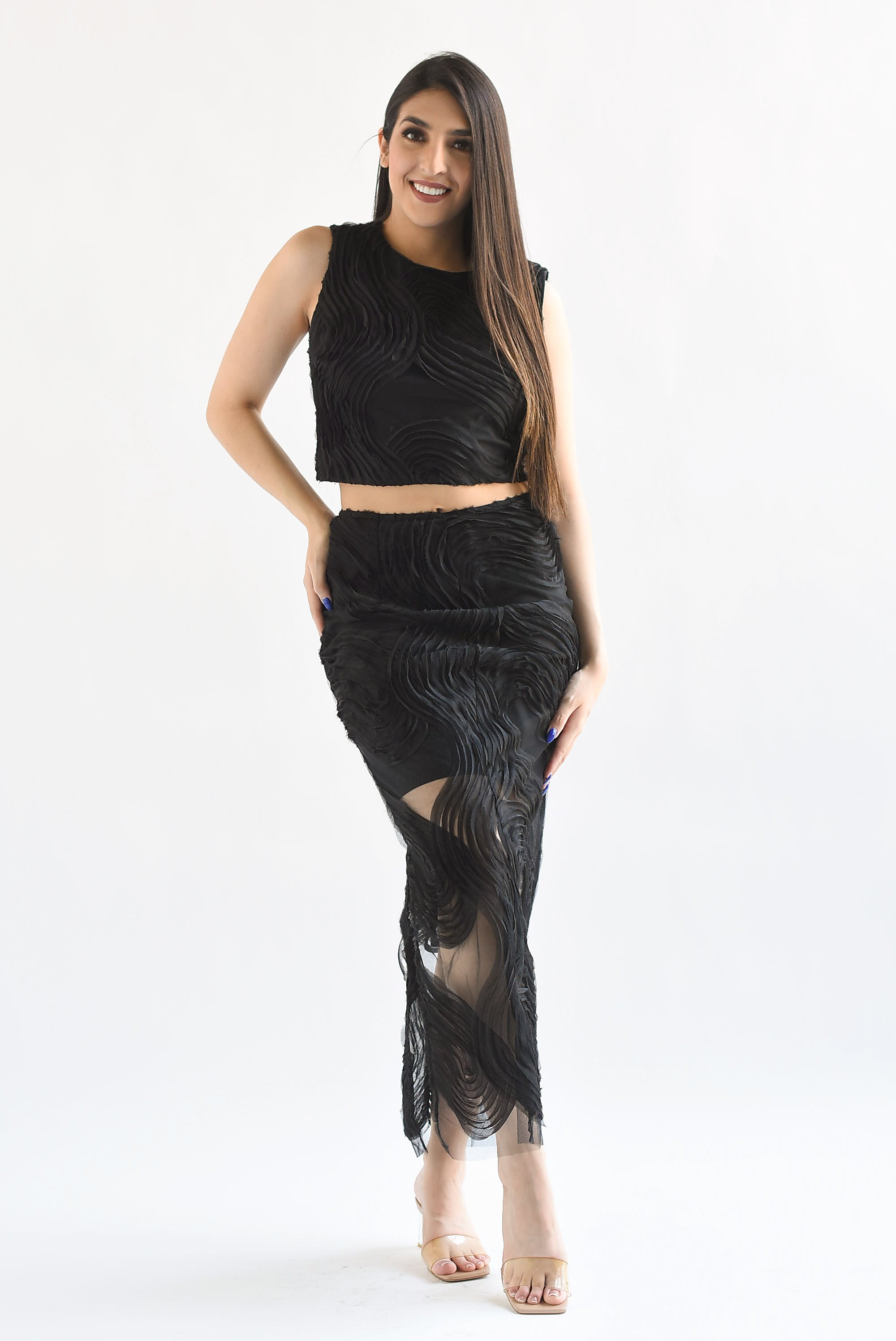 Set Falda y Blusa mesh olas Negro