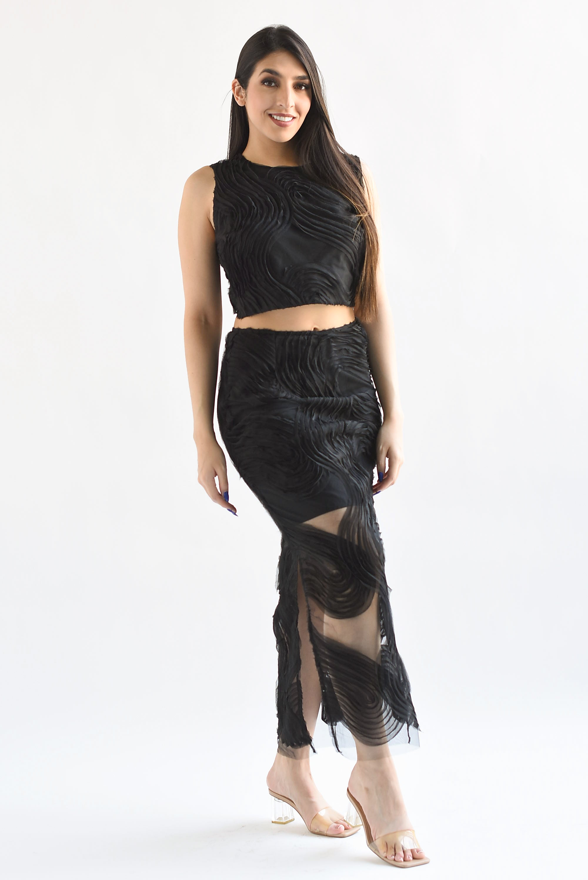 Set Falda y Blusa mesh olas Negro
