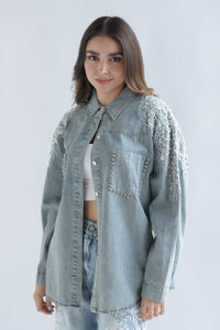 Fashion Styled Shacket hombros brillos Denim