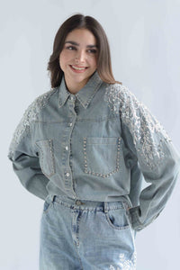 Fashion Styled Shacket hombros brillos Denim