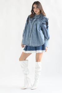Fashion Styled Blusa pinzas bordado Denim