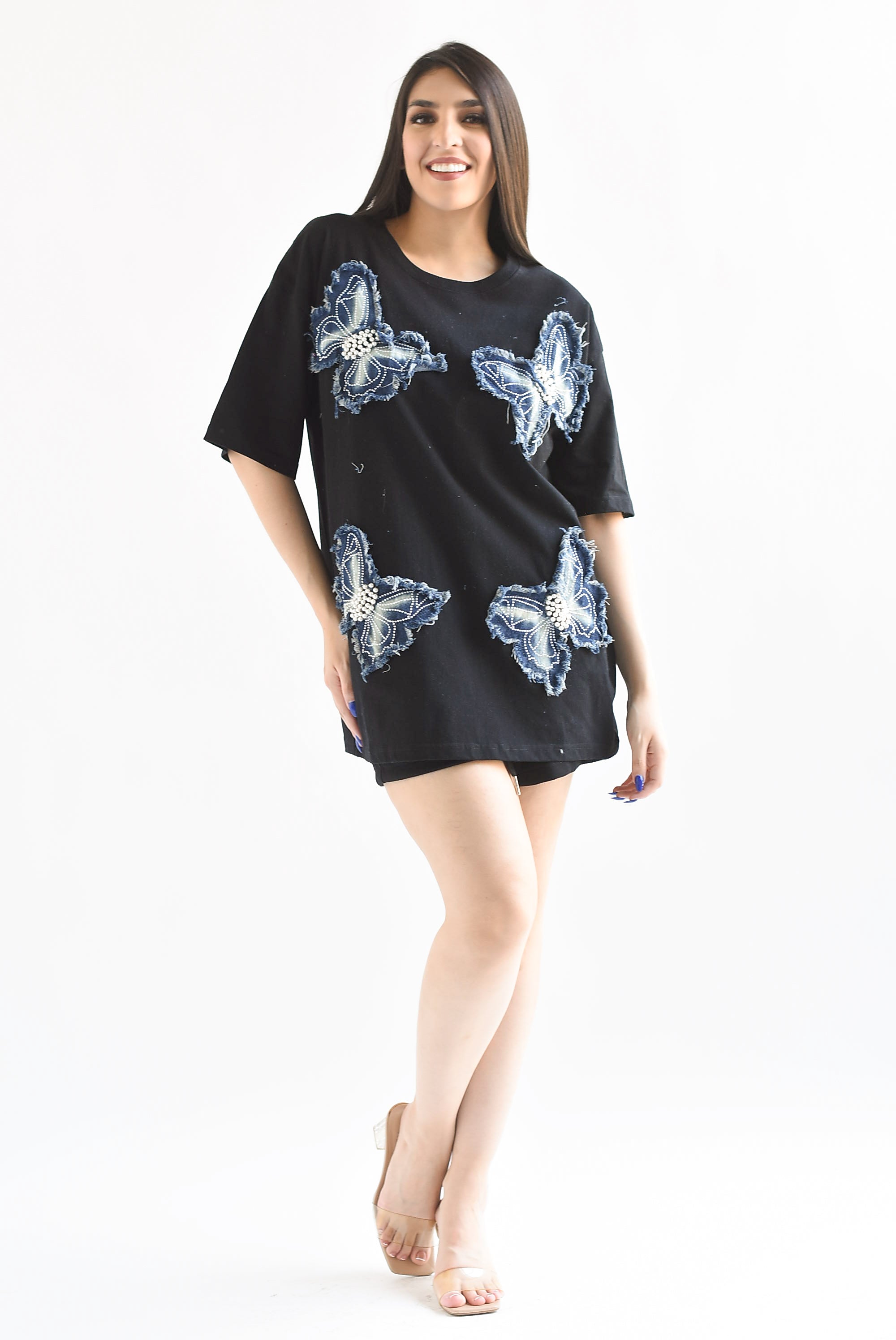 Set Short y T-Shirt mariposas denim Negro