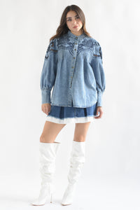 Fashion Styled Blusa pinzas bordado Denim