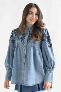 Fashion Styled Blusa pinzas bordado Denim