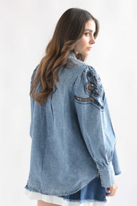 Fashion Styled Blusa pinzas bordado Denim