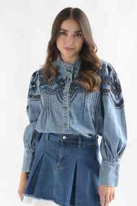 Fashion Styled Blusa pinzas bordado Denim