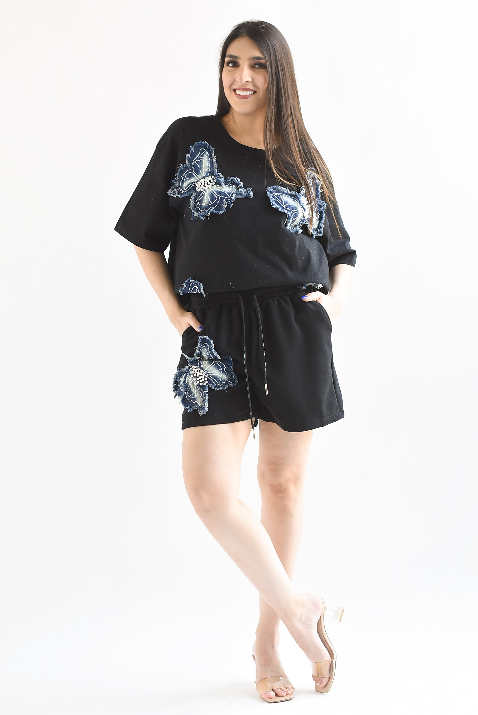 Set Short y T-Shirt mariposas denim Negro