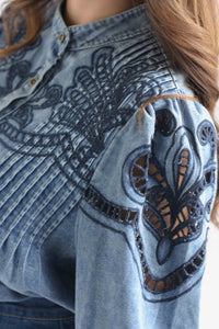 Fashion Styled Blusa pinzas bordado Denim