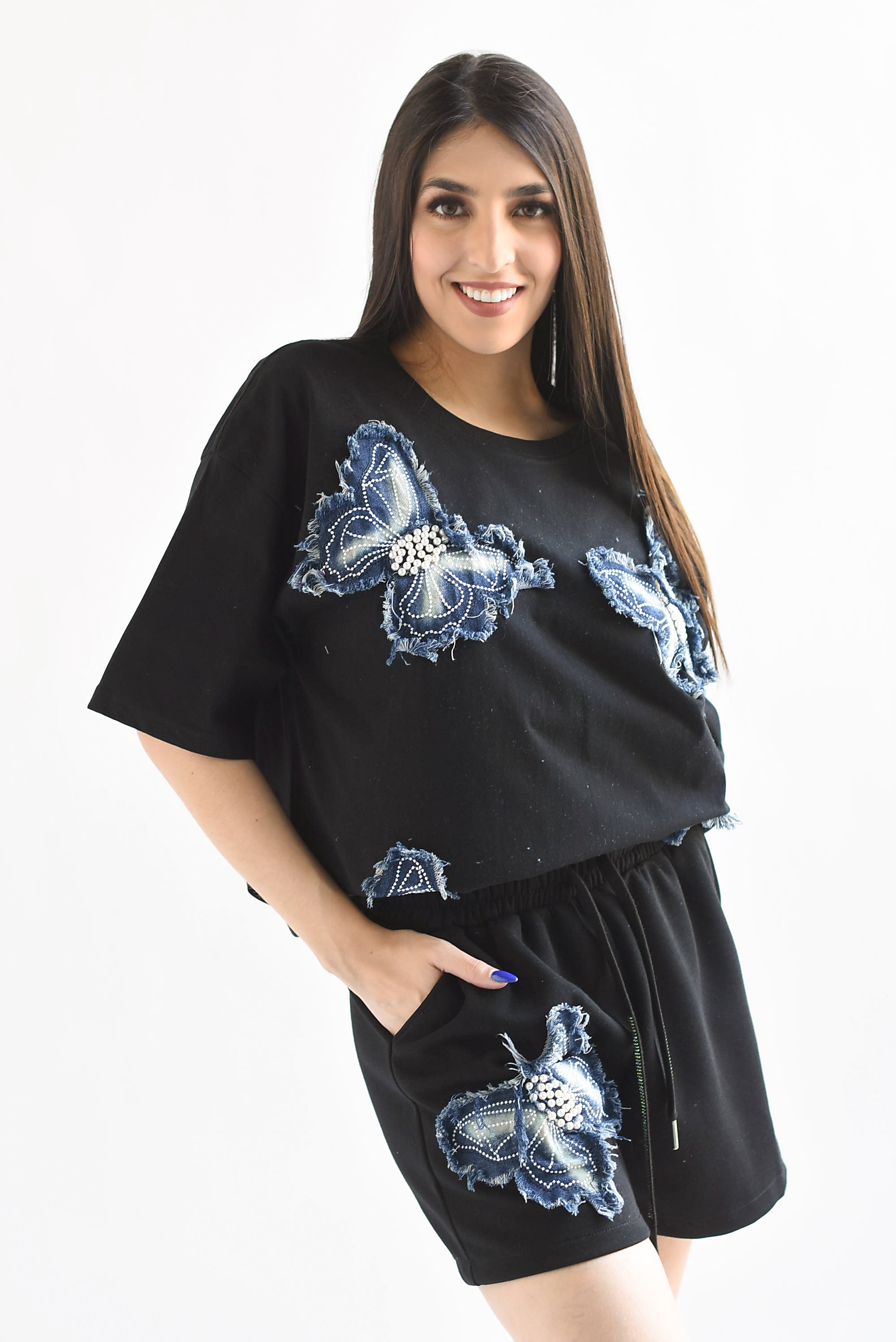 Set Short y T-Shirt mariposas denim Negro