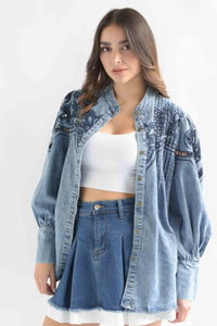 Fashion Styled Blusa pinzas bordado Denim