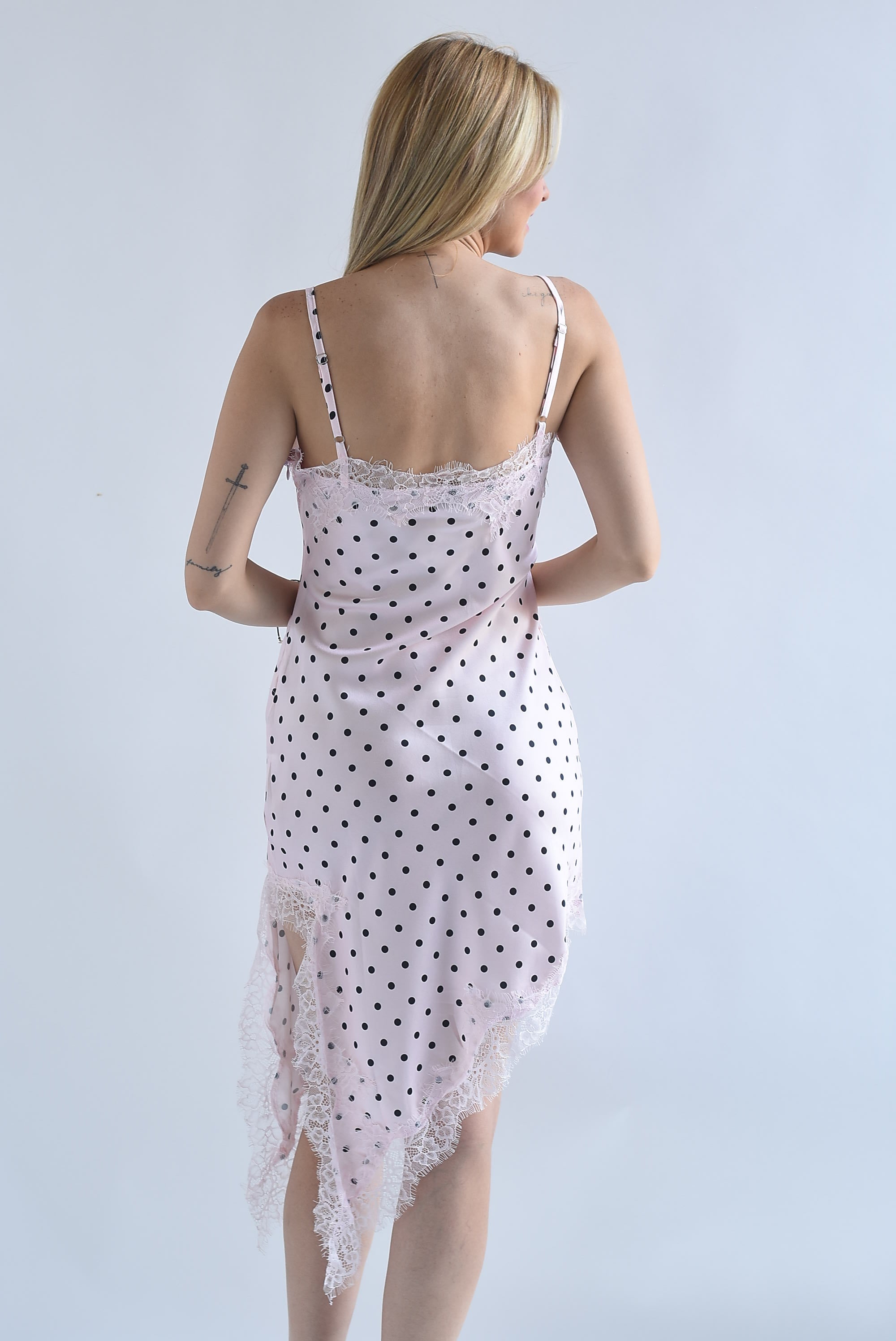 Vestido lencero asimétrico encaje polka dots cierre