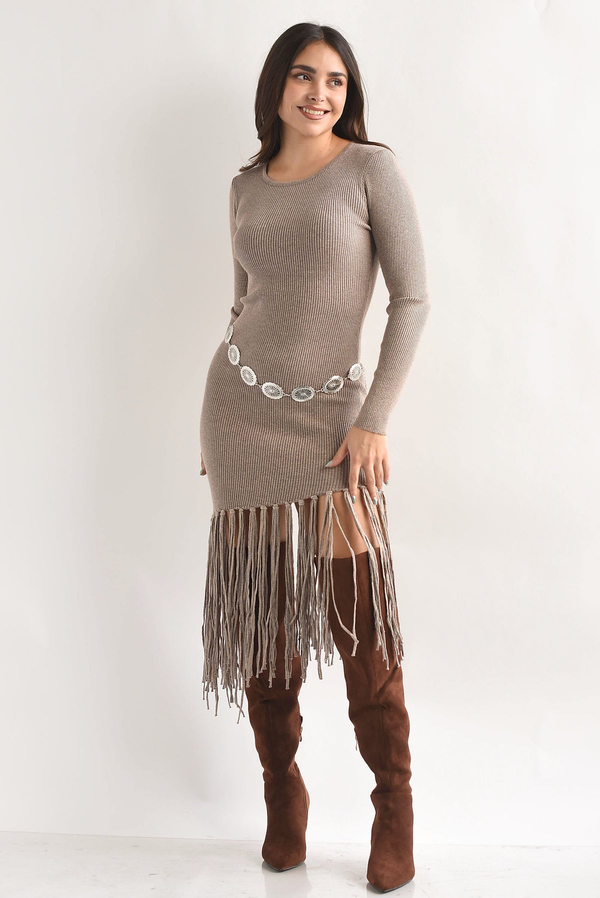 Vestido punto canalé brillos asimétrico flecos Moka