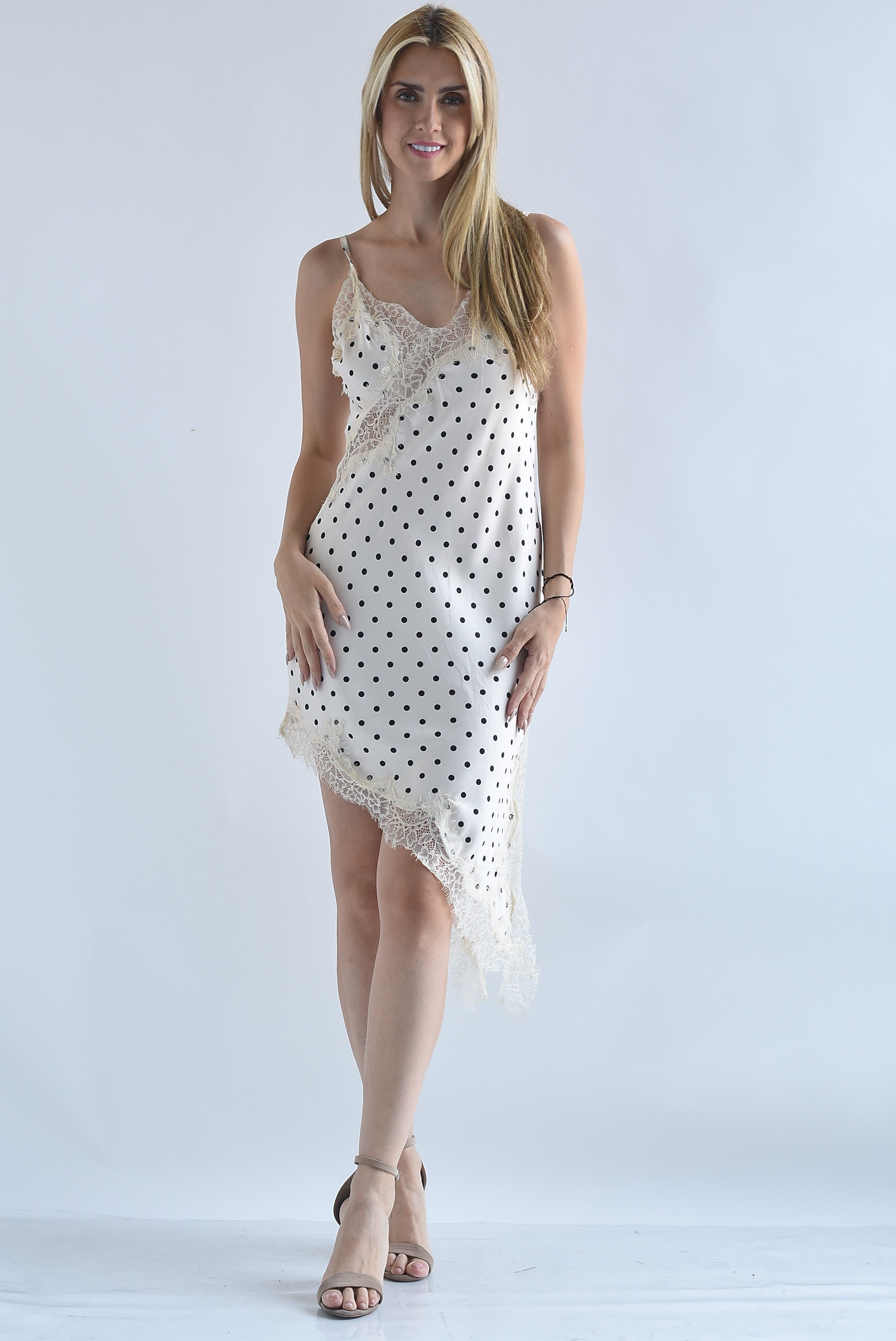 Vestido lencero asimétrico encaje polka dots cierre