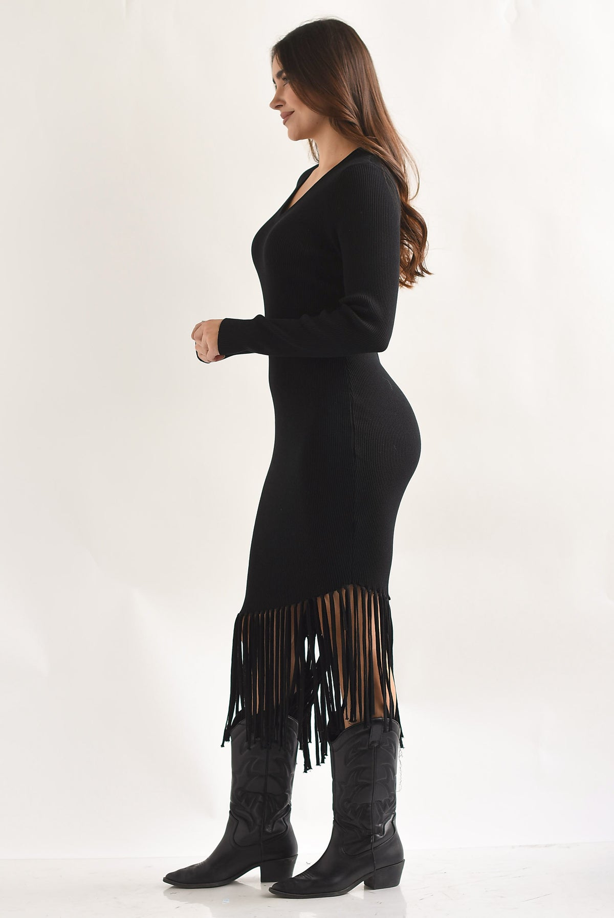 Vestido punto canalé asimétrico flecos Negro