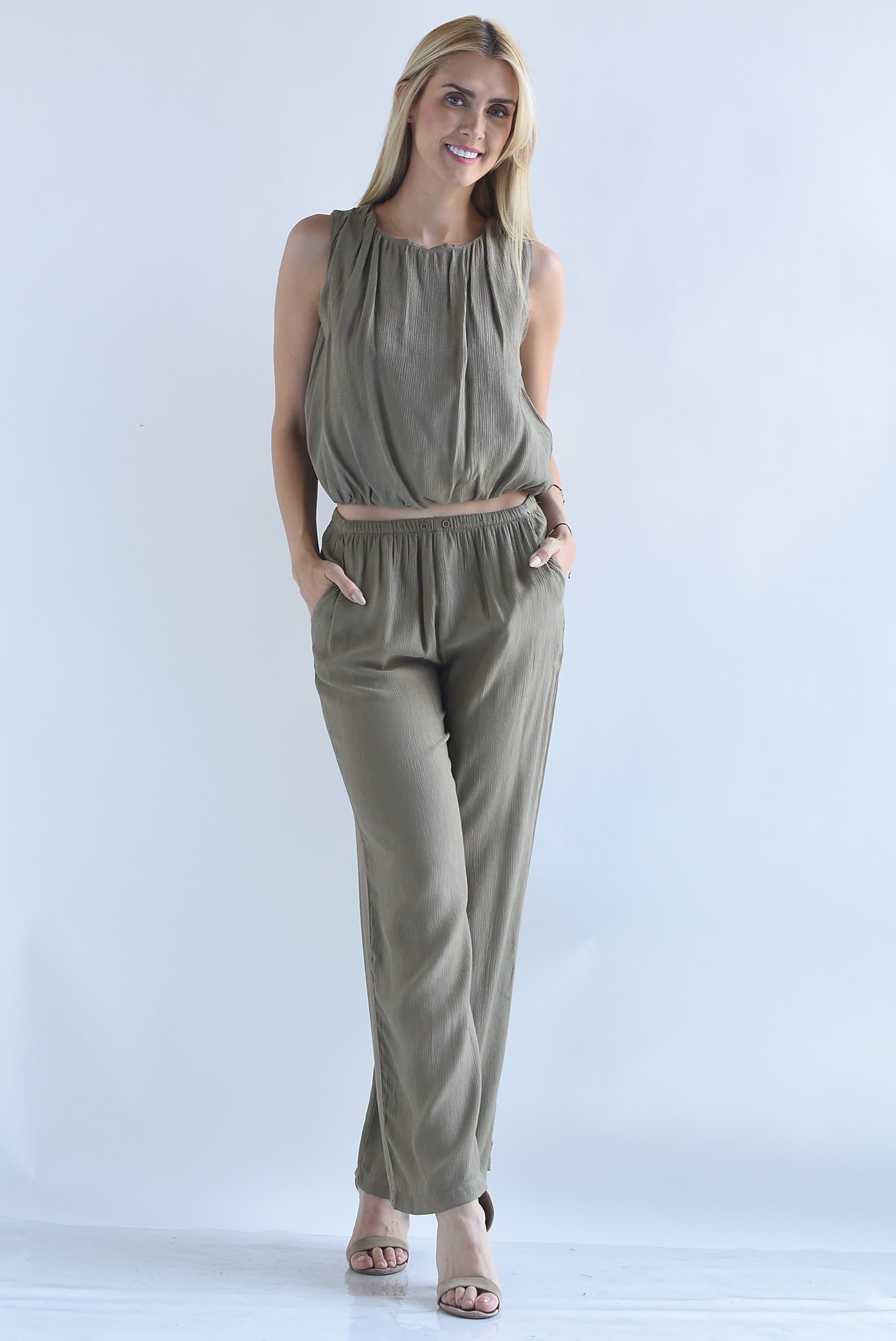 Set Pantalón y Blusa globo corrugado