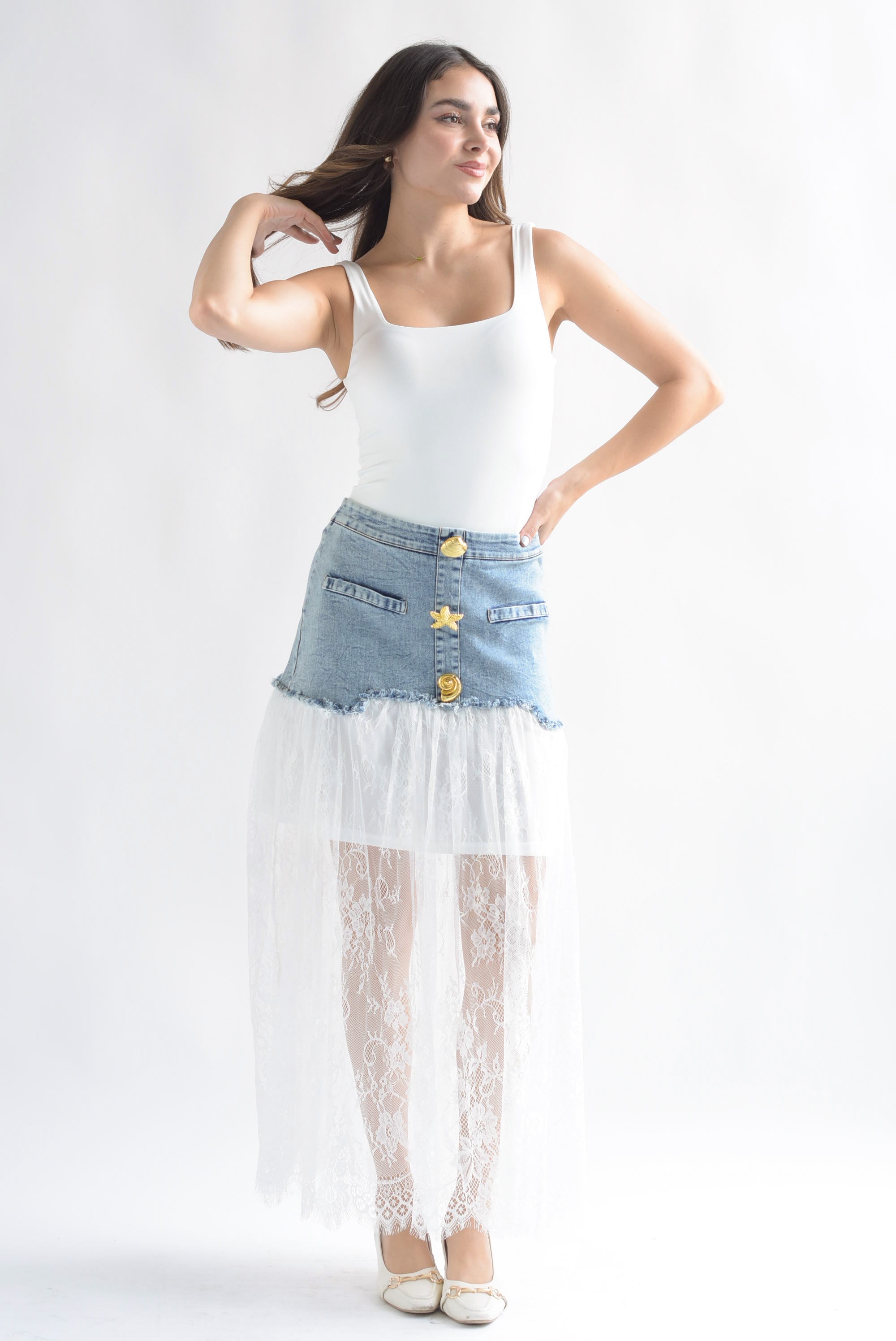 Falda encaje pretina Denim botones marinos Blanco