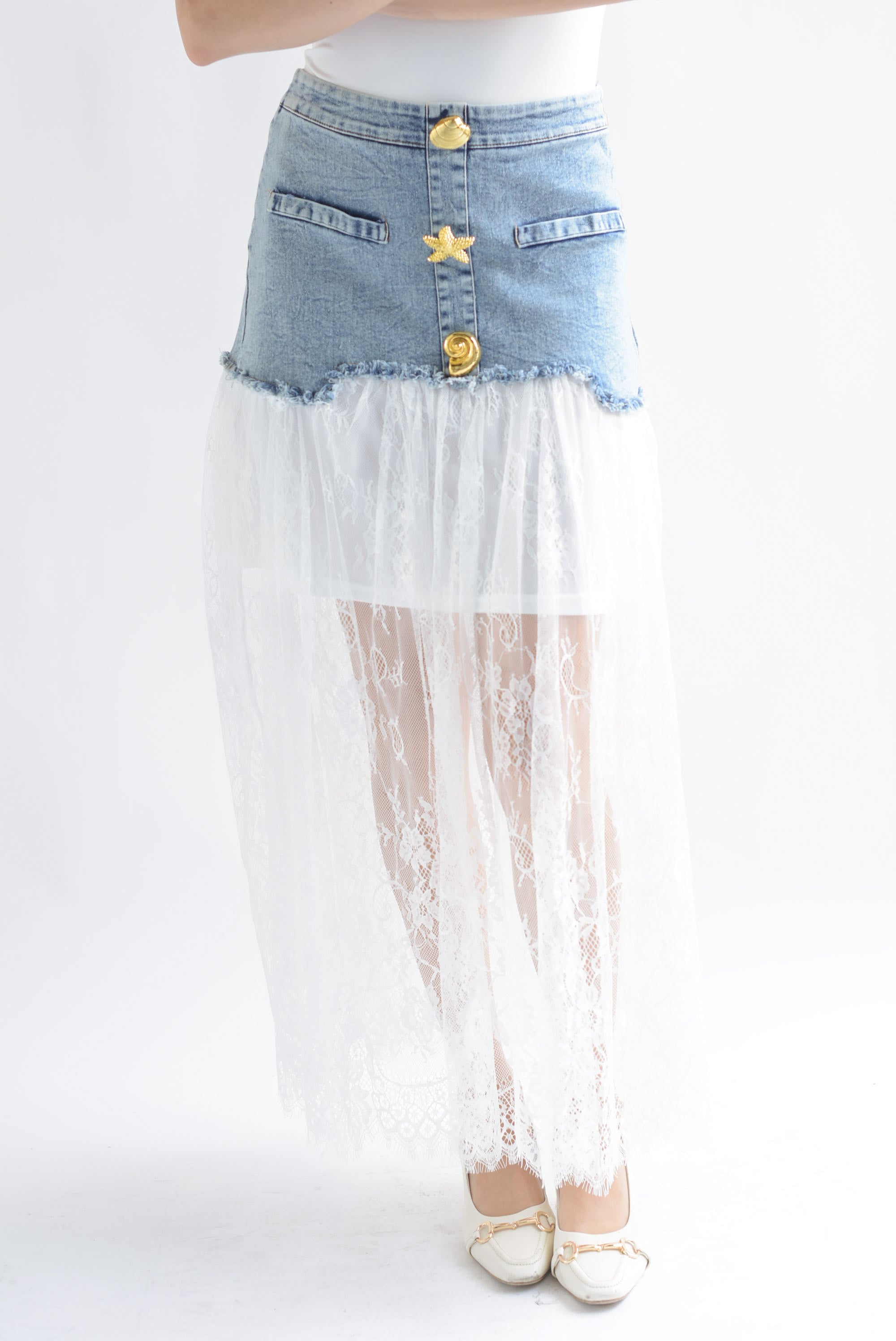 Falda encaje pretina Denim botones marinos Blanco