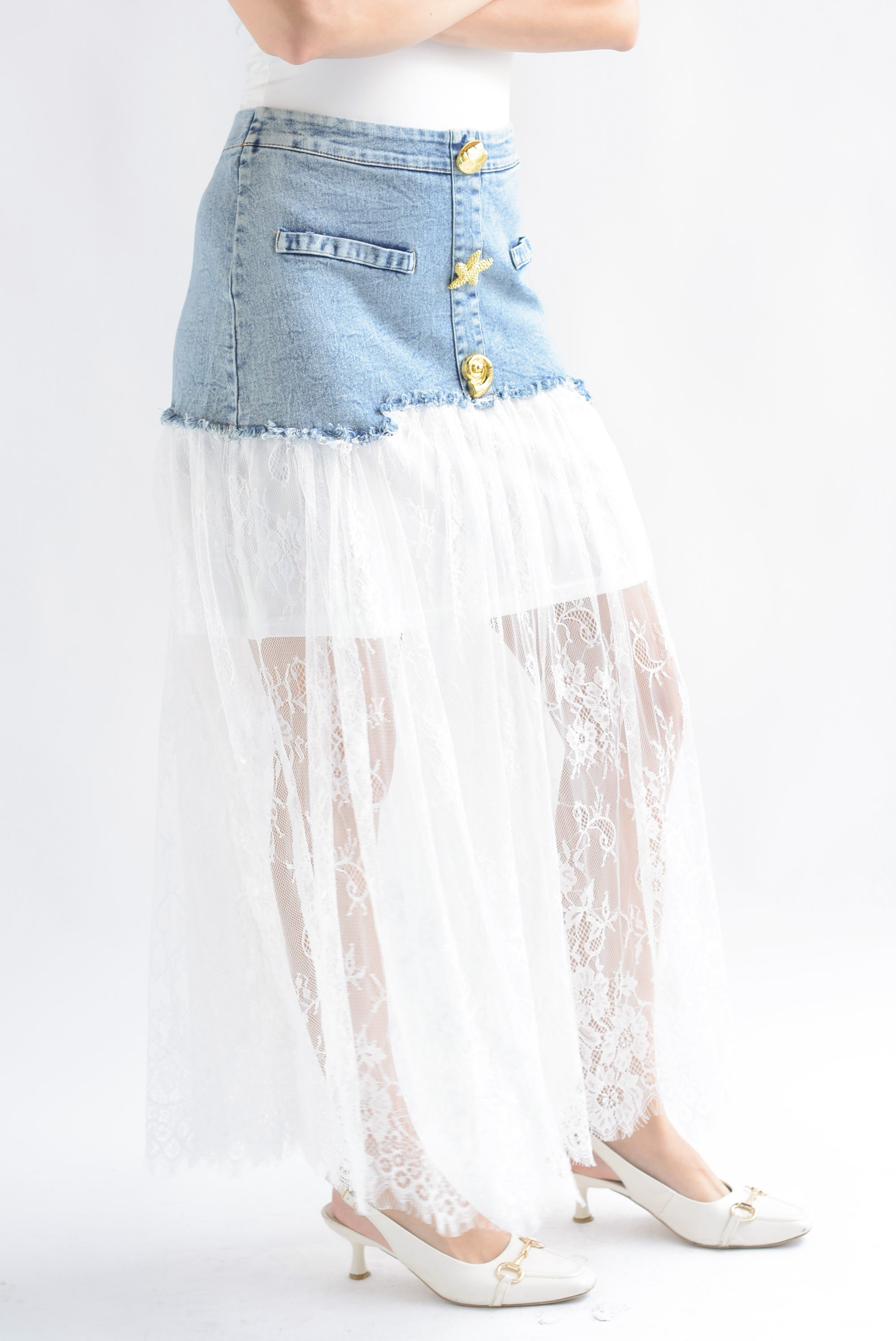 Falda encaje pretina Denim botones marinos Blanco