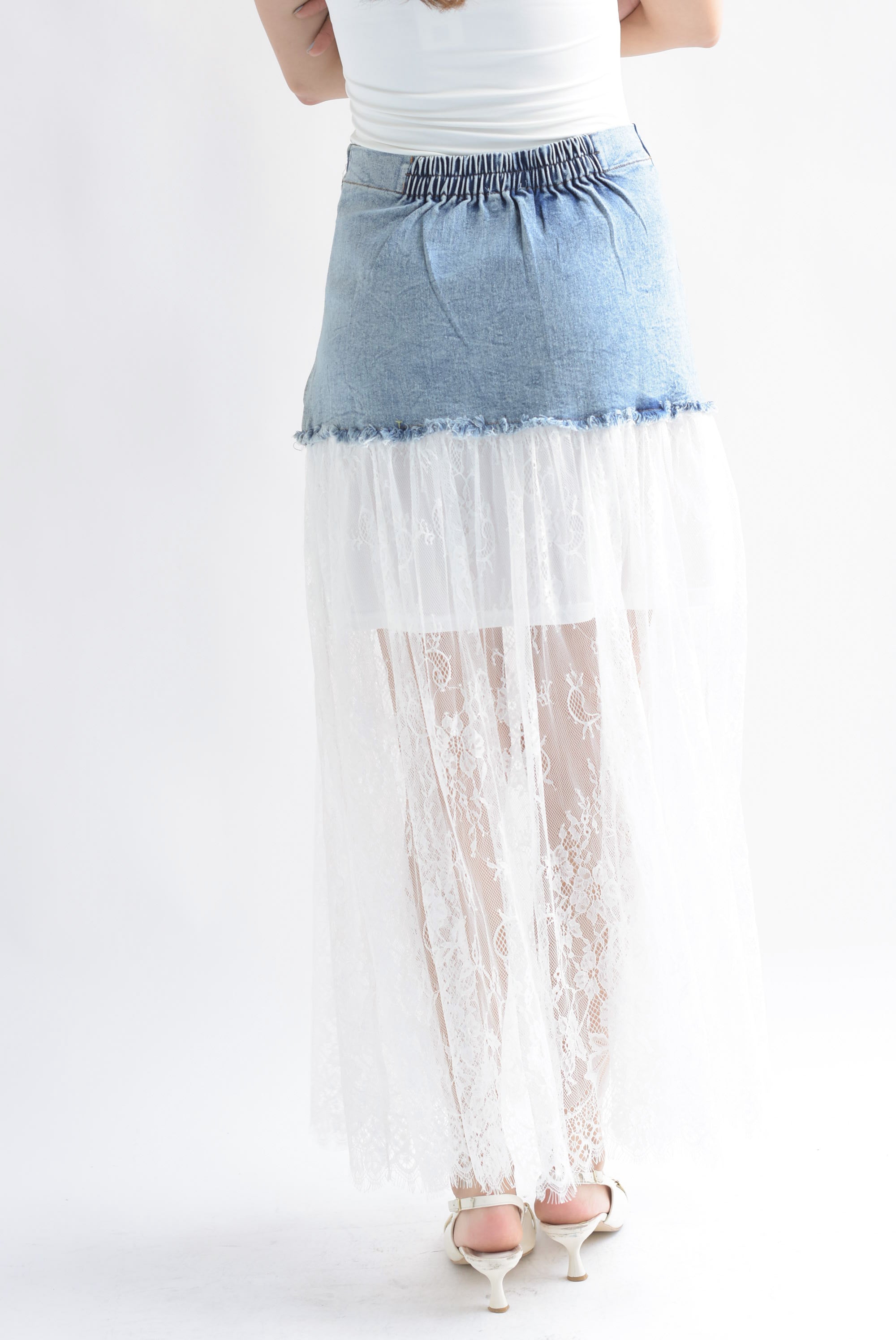 Falda encaje pretina Denim botones marinos Blanco