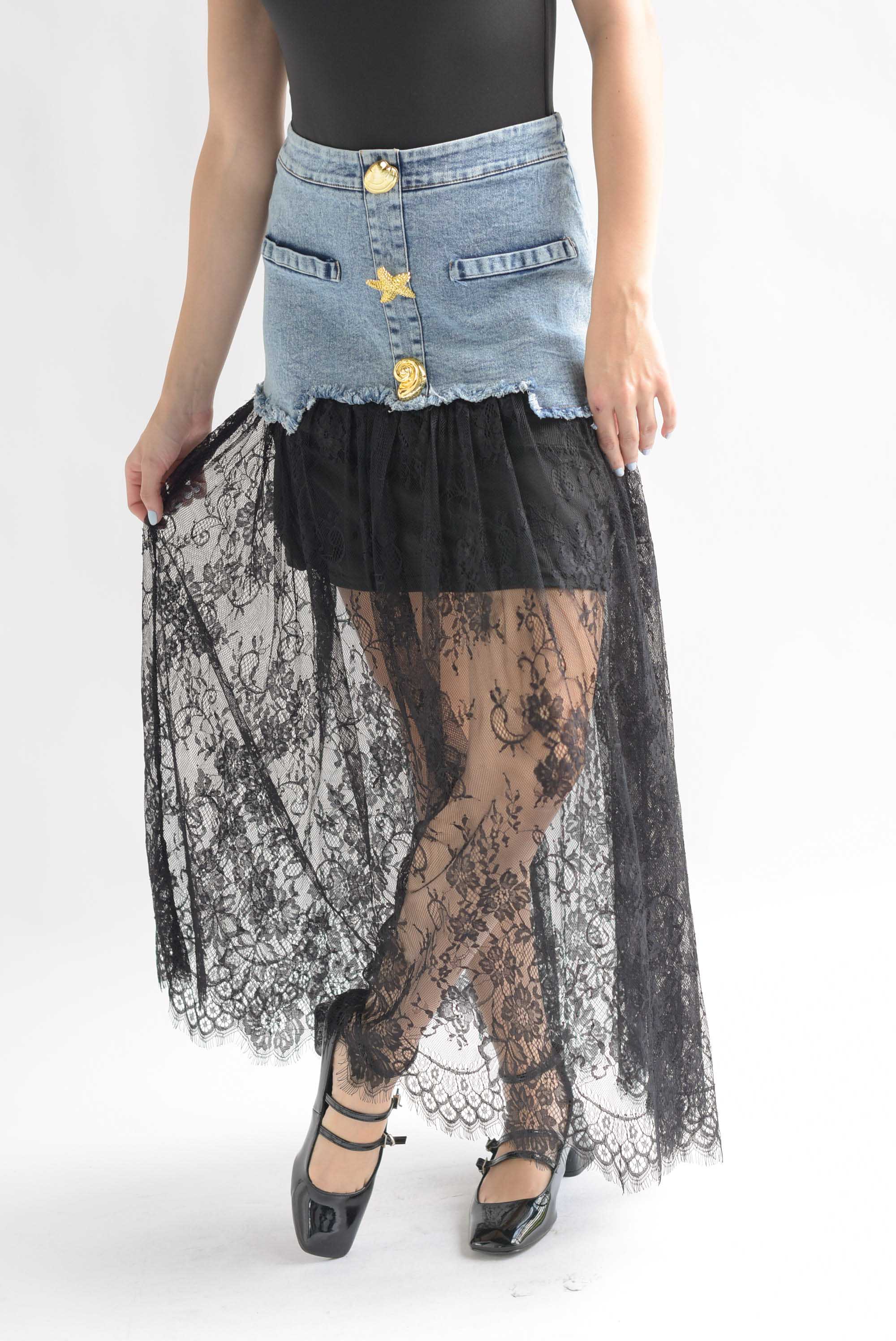Falda encaje pretina Denim botones marinos Negro