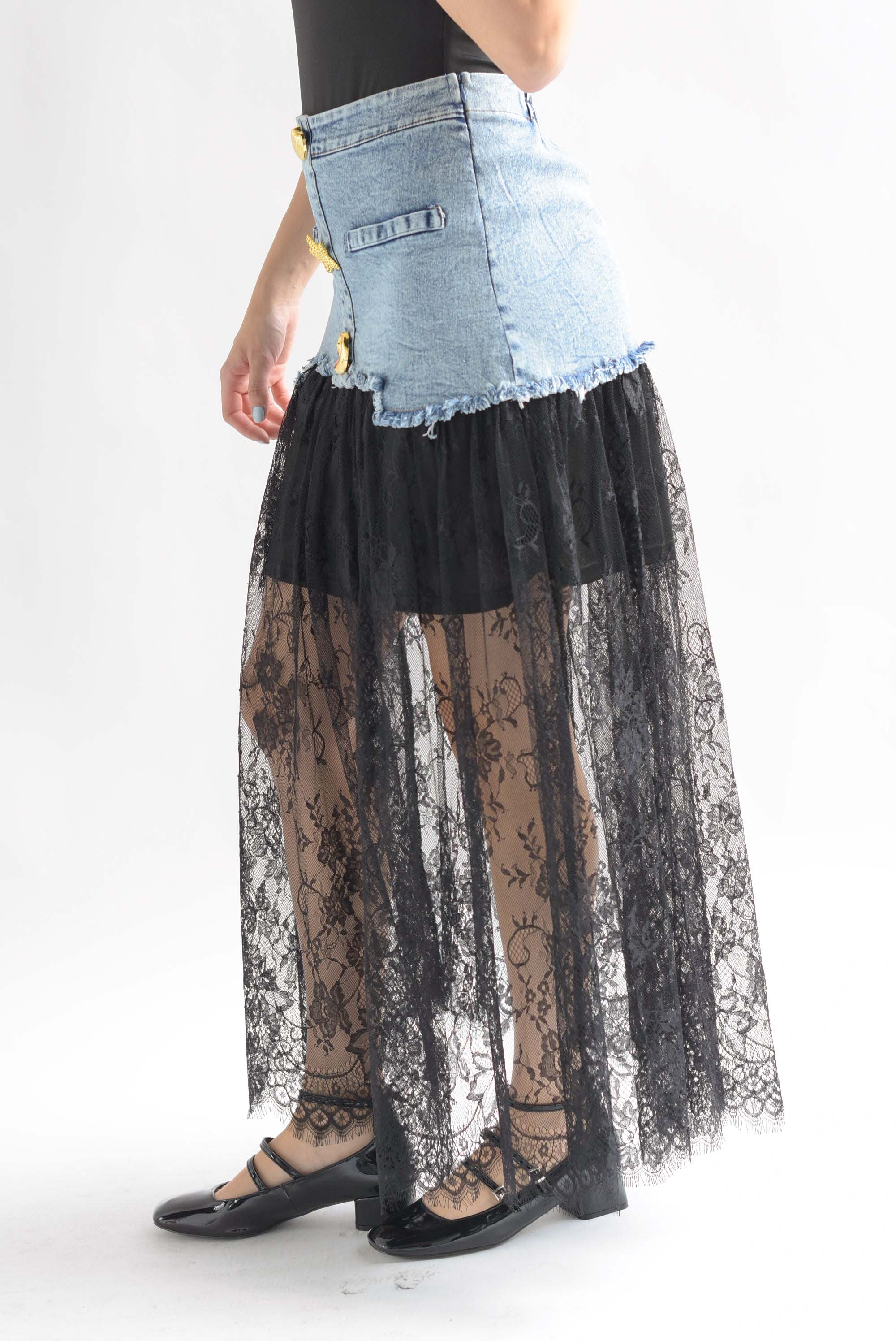 Falda encaje pretina Denim botones marinos Negro