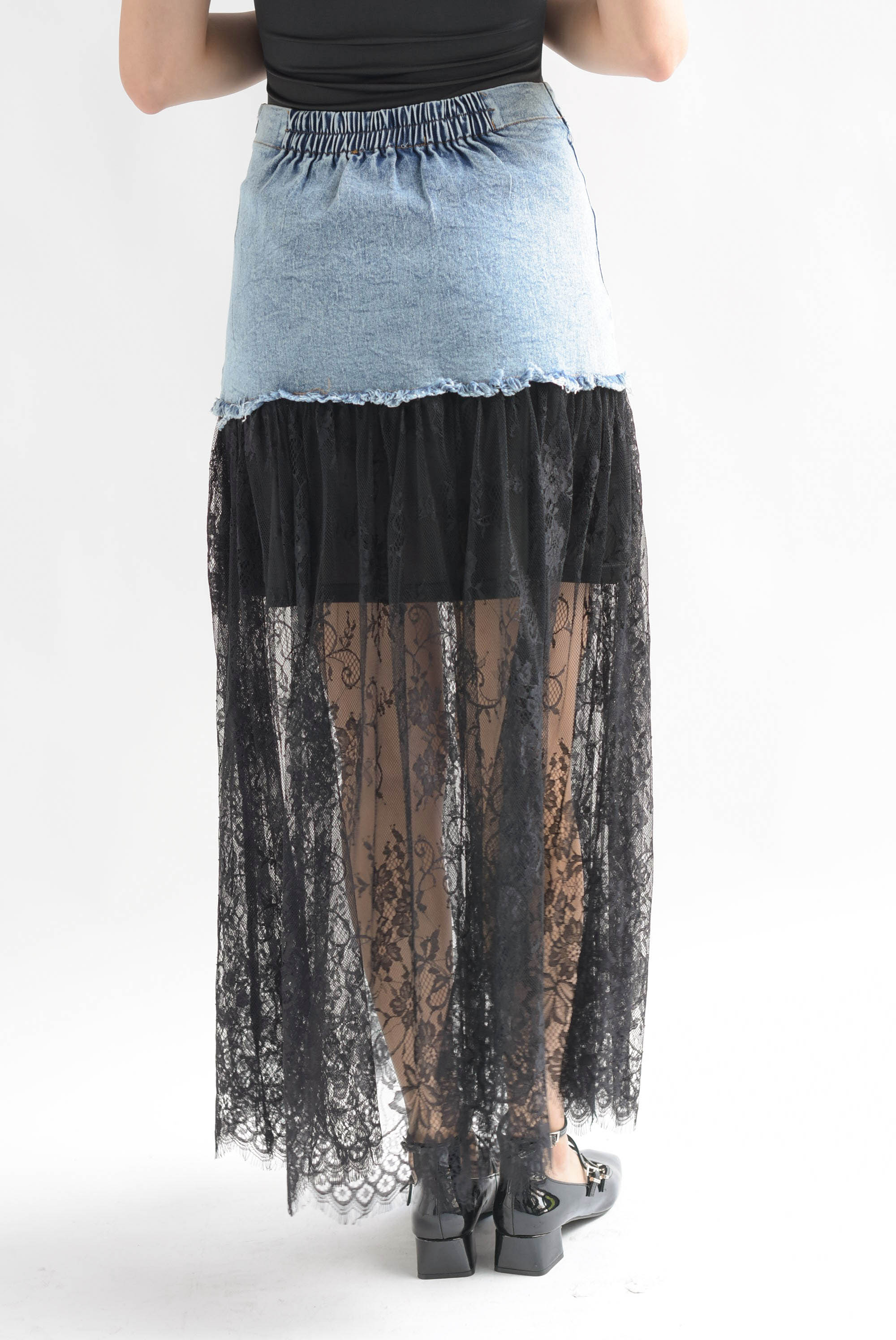 Falda encaje pretina Denim botones marinos Negro