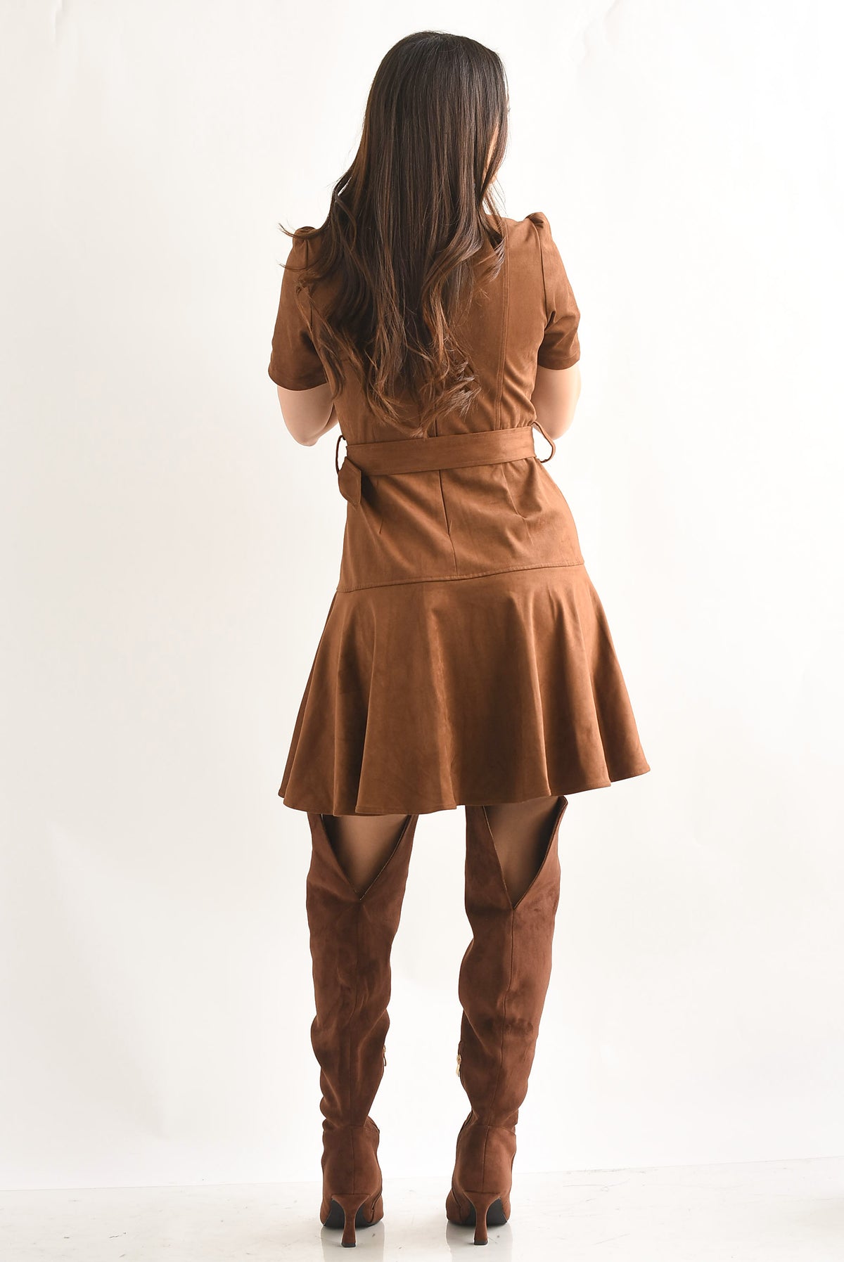 Vestido corto bolsillos suede Camel