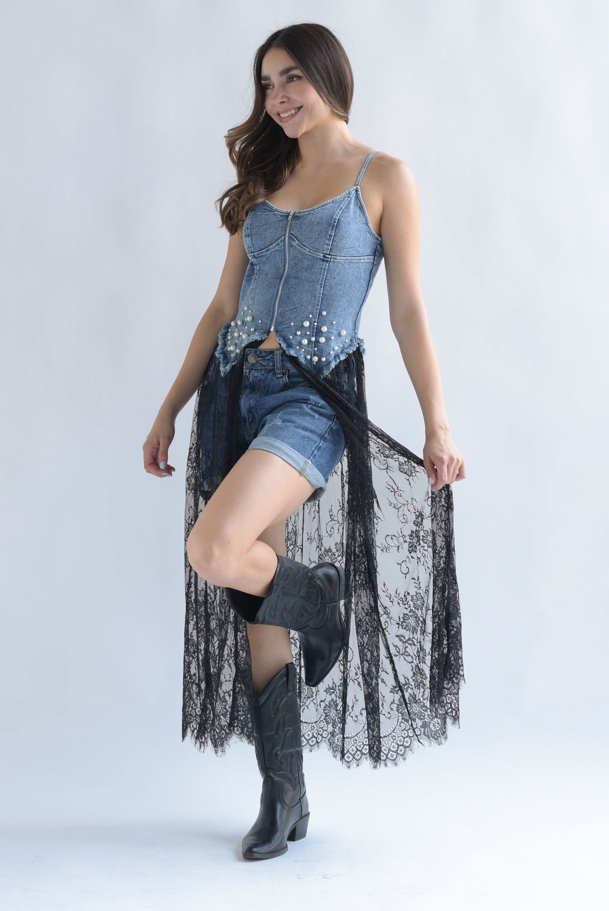 Maxiblusa torso Denim encaje Negro