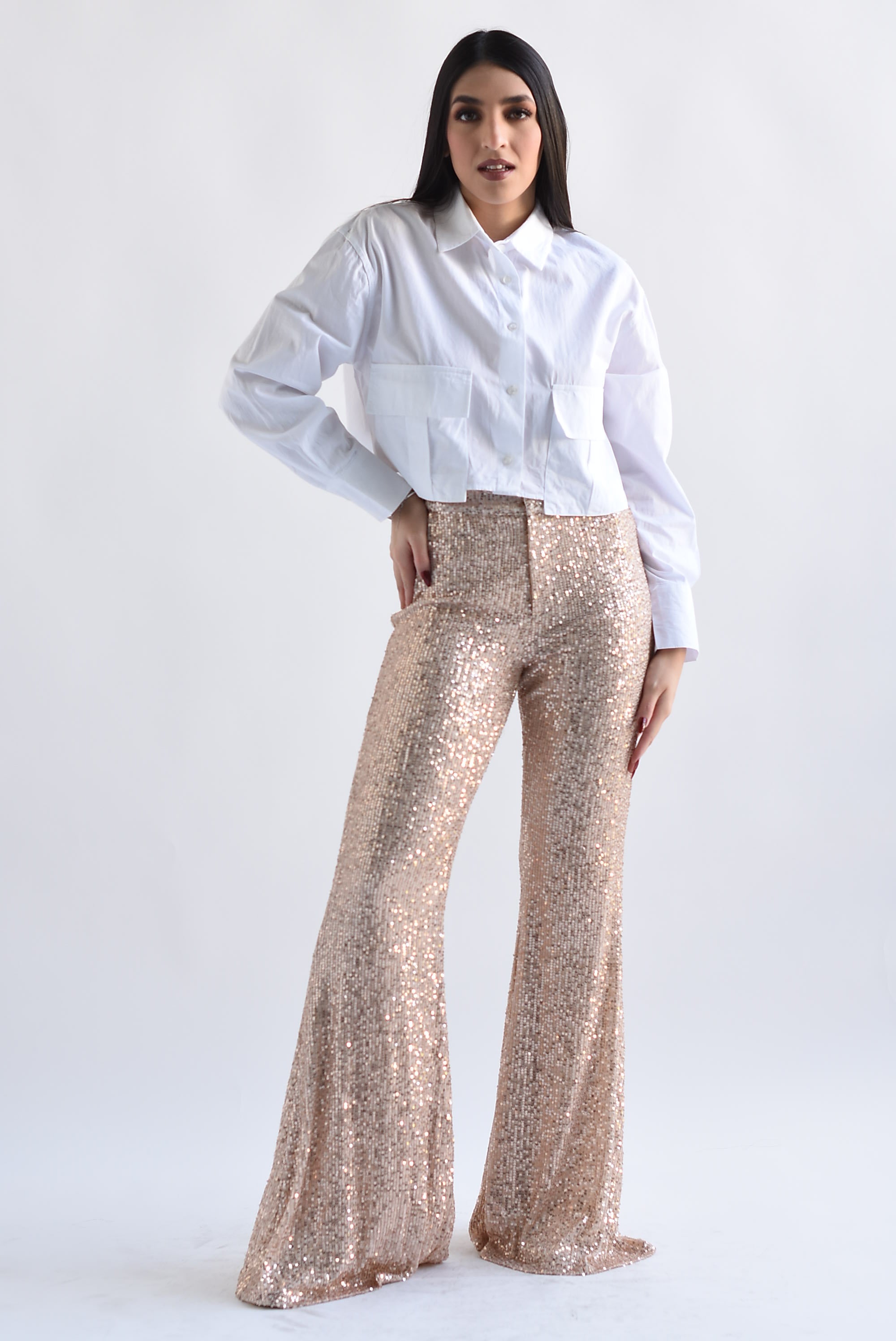 Pantalón flare lentejuela Rose Gold