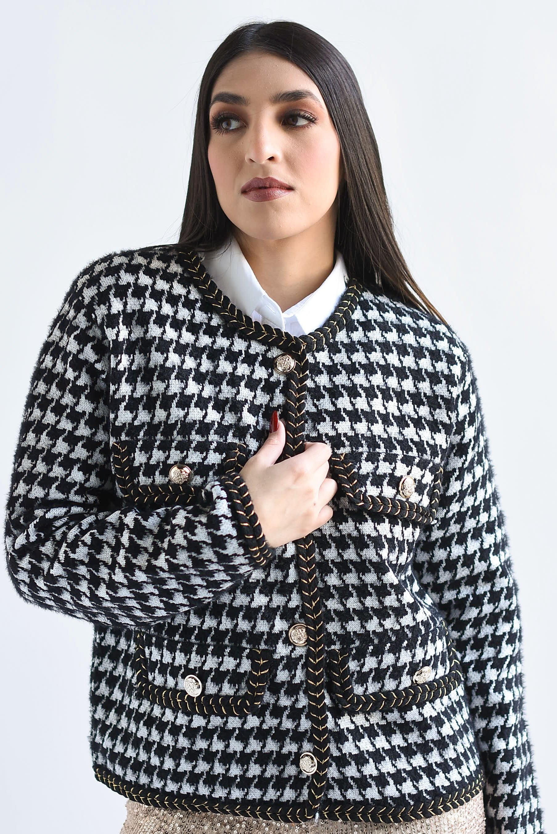 Sweater tipo saco pelo houndstooth Negro