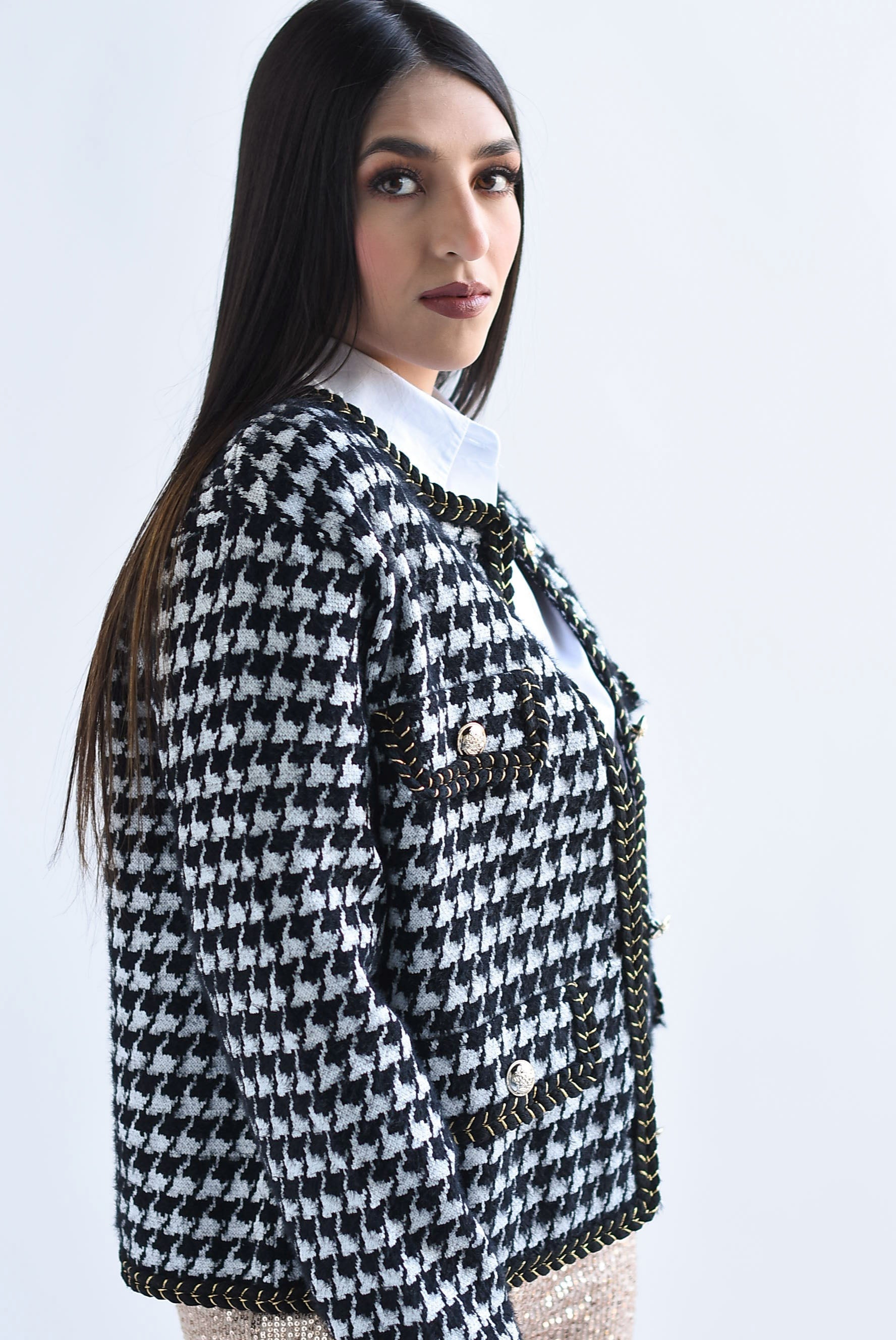 Sweater tipo saco pelo houndstooth Negro