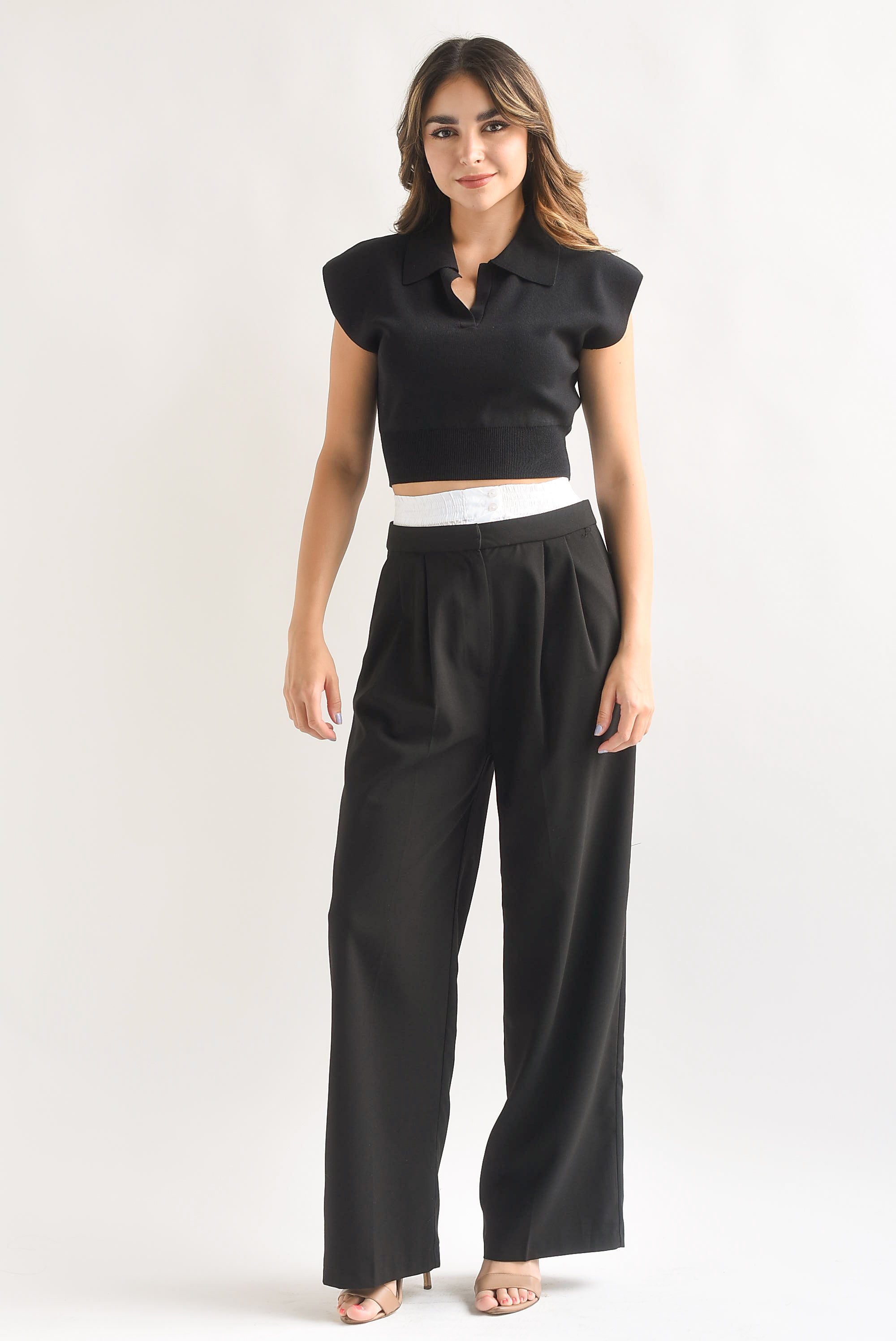 Pantalón sastre pretina blanca Negro