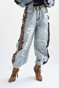 Fashion Styled Jeans doble pretina parachute track Leopardo Negro