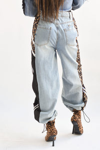 Fashion Styled Jeans doble pretina parachute track Leopardo Negro